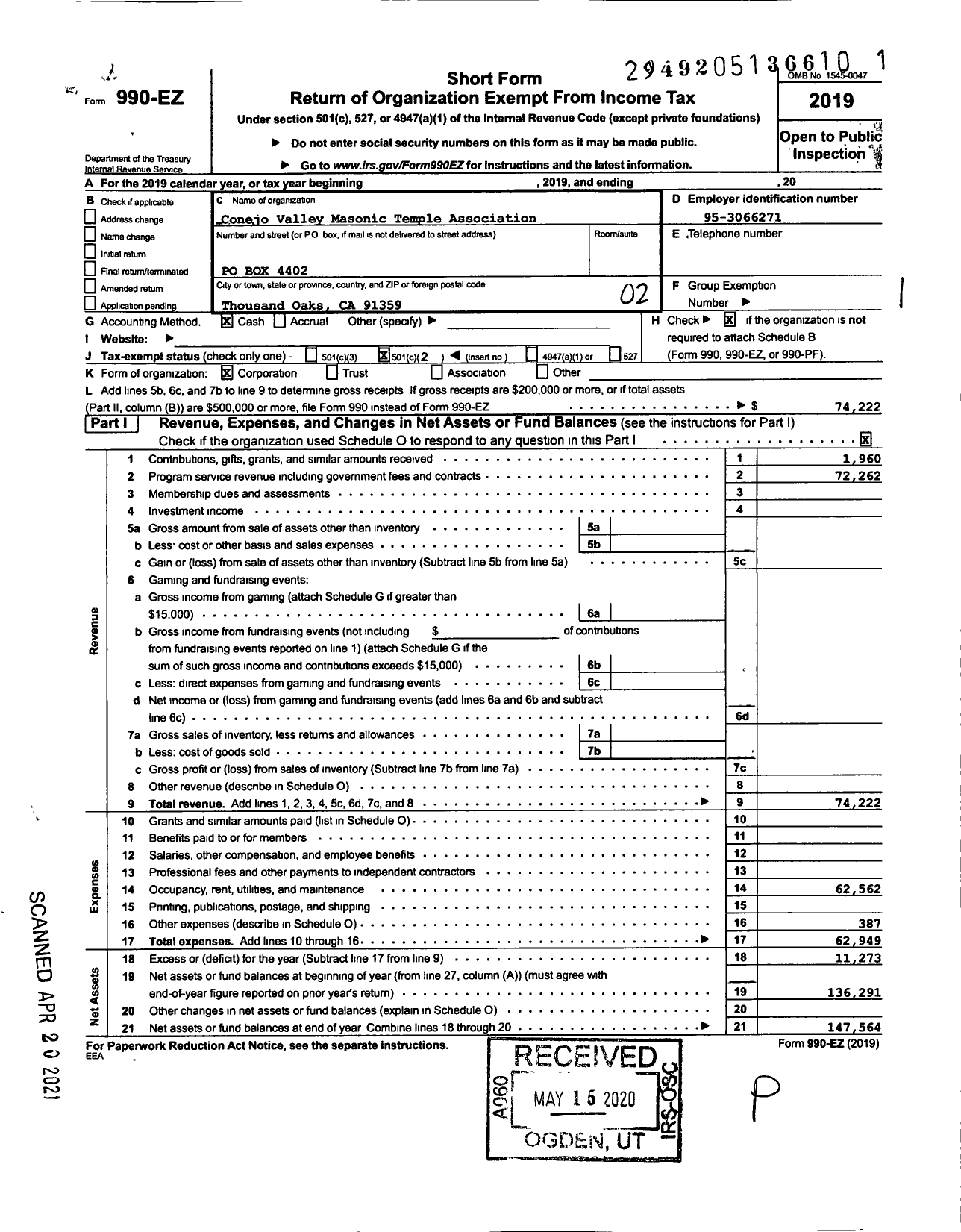 Image of first page of 2019 Form 990EO for Conejo Valley Masonic Temple Association