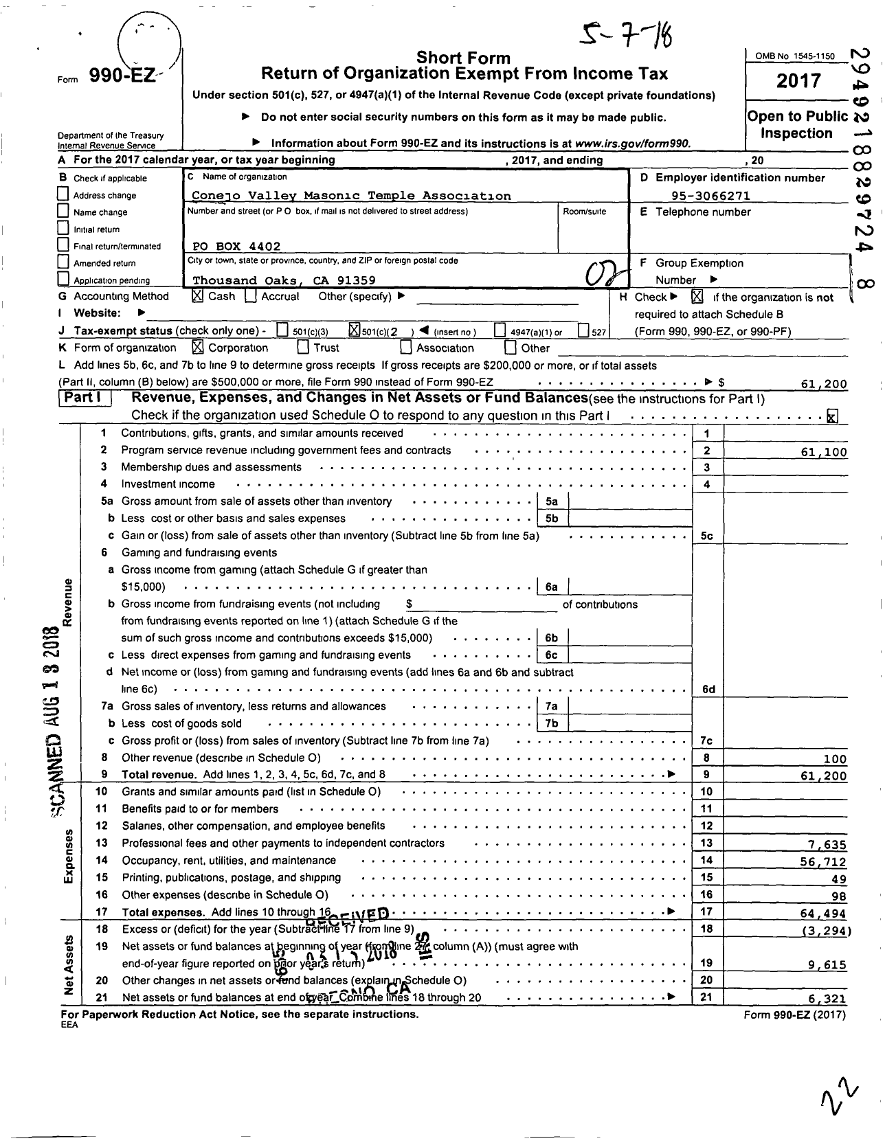 Image of first page of 2017 Form 990EO for Conejo Valley Masonic Temple Association