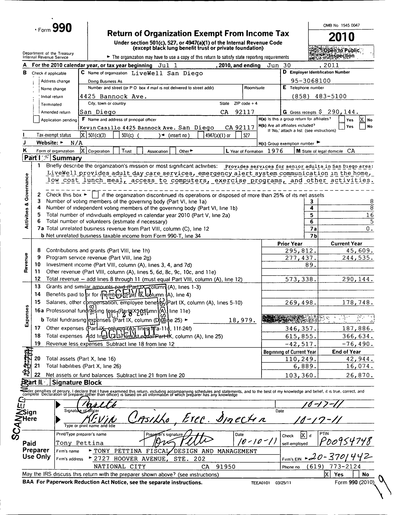 Image of first page of 2010 Form 990 for LiveWell San Diego