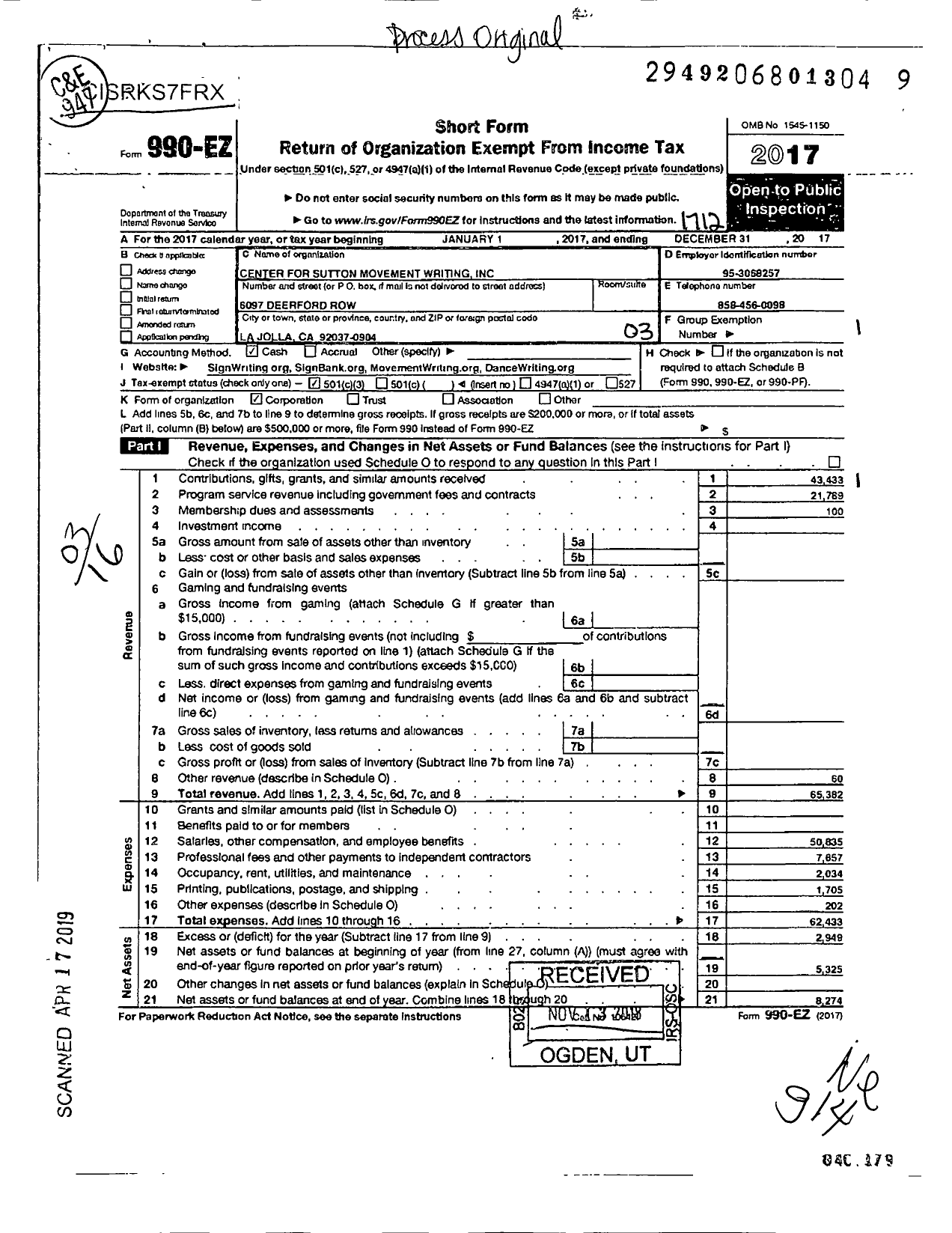 Image of first page of 2017 Form 990EZ for Center for Sutton Movement Writing