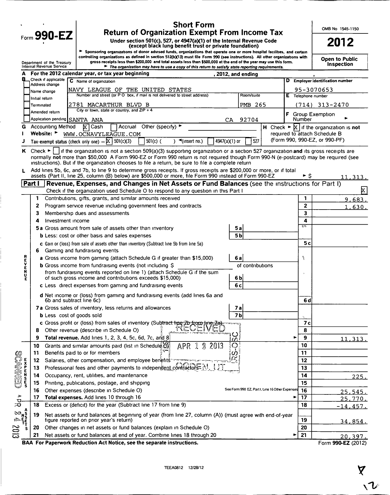 Image of first page of 2012 Form 990EZ for Navy League of the United States Orange County Council