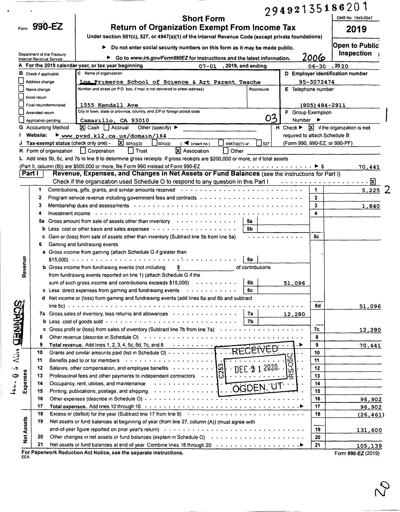 Image of first page of 2019 Form 990EZ for Los Primeros School of Science & Art Parent Teache