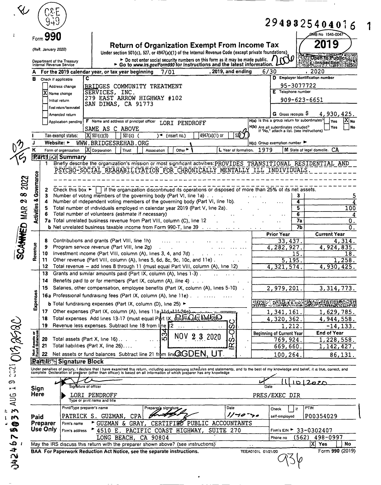 Image of first page of 2019 Form 990 for Bridges Community Treatment Services