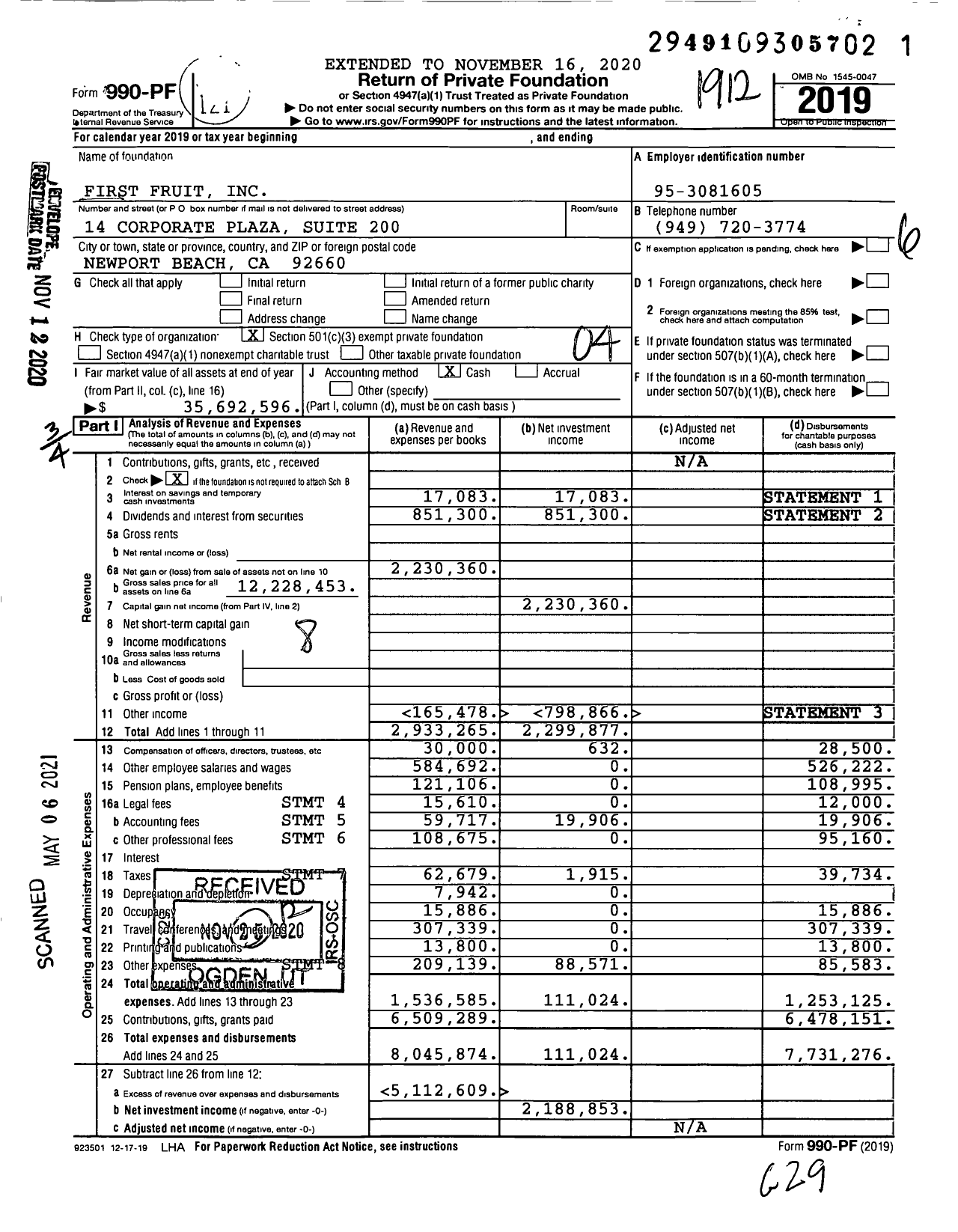 Image of first page of 2019 Form 990PF for First Fruit