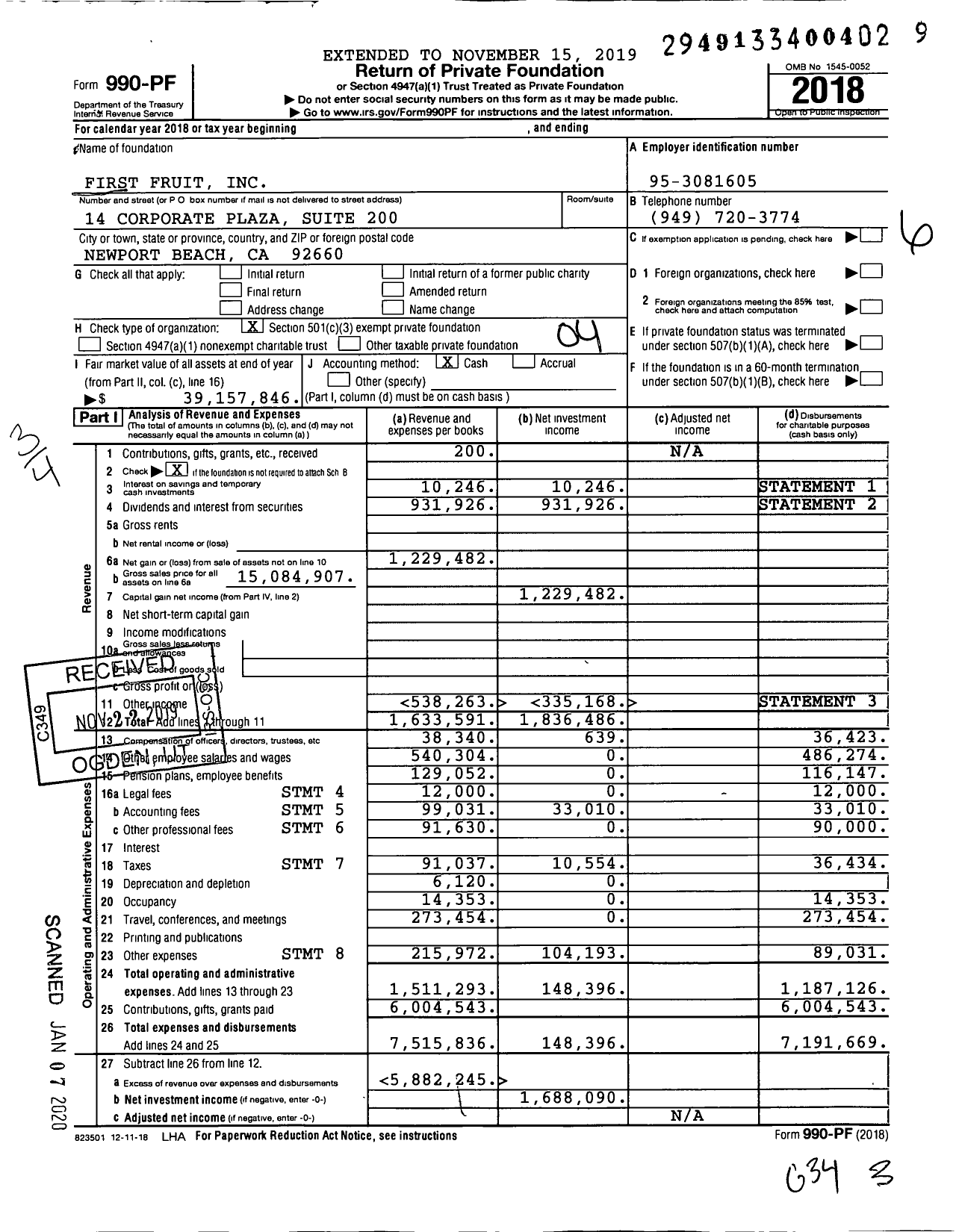 Image of first page of 2018 Form 990PF for First Fruit
