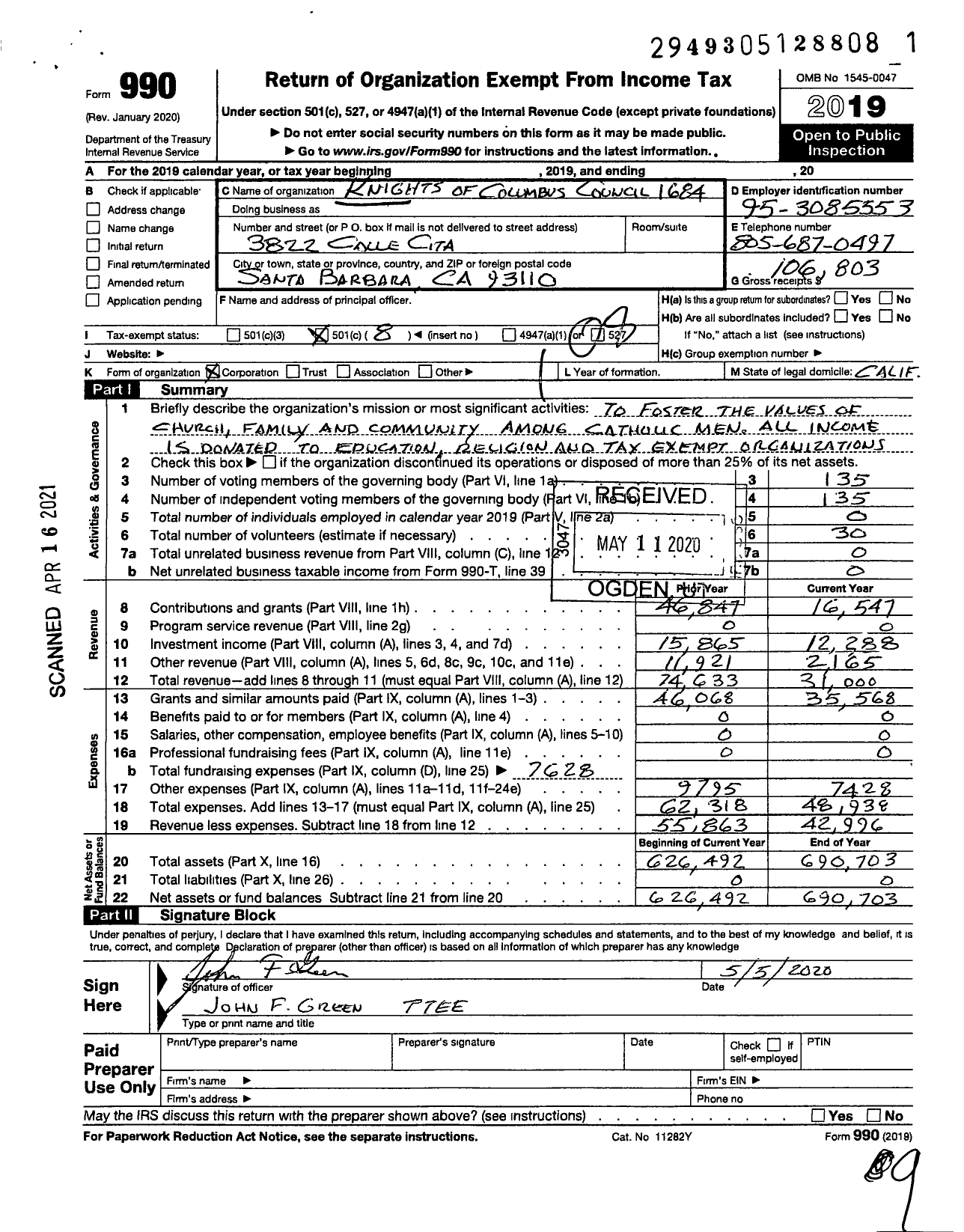 Image of first page of 2019 Form 990O for Knights of Columbus - 1684 Santa Barbara Council