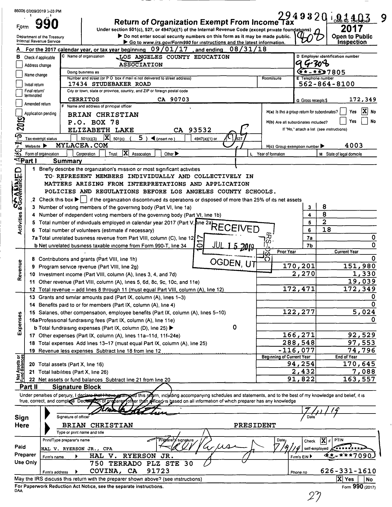 Image of first page of 2017 Form 990O for California Teachers Association - Los Angeles County Education Assn