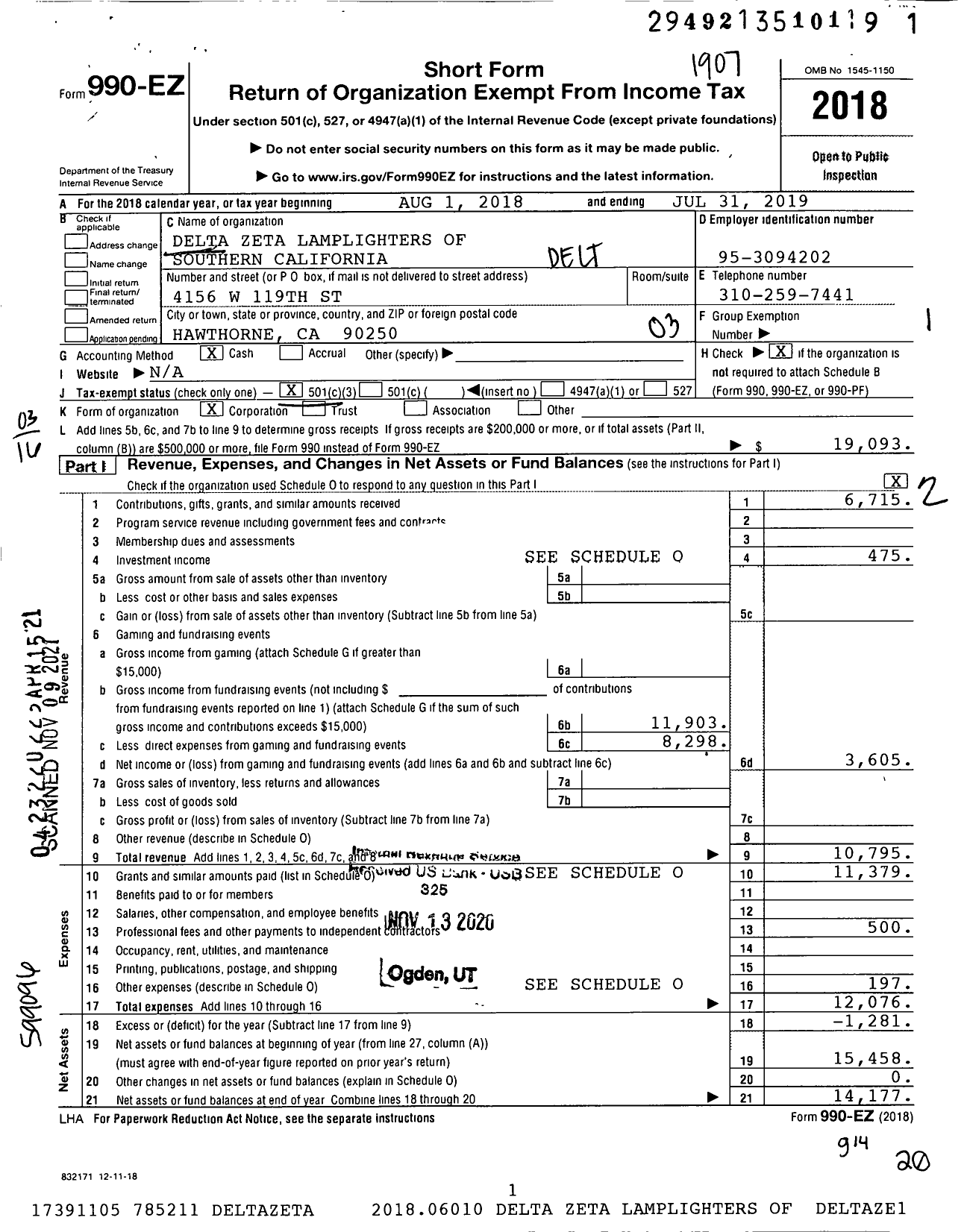 Image of first page of 2018 Form 990EZ for Delta Zeta Lamplighters of Southern California