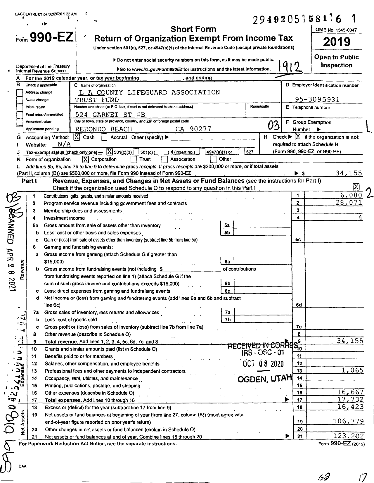 Image of first page of 2019 Form 990EZ for Los Angeles County Lifeguard Association Trust Fund