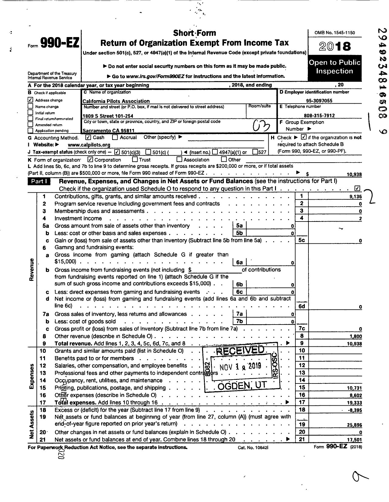 Image of first page of 2018 Form 990EZ for California Pilots Association