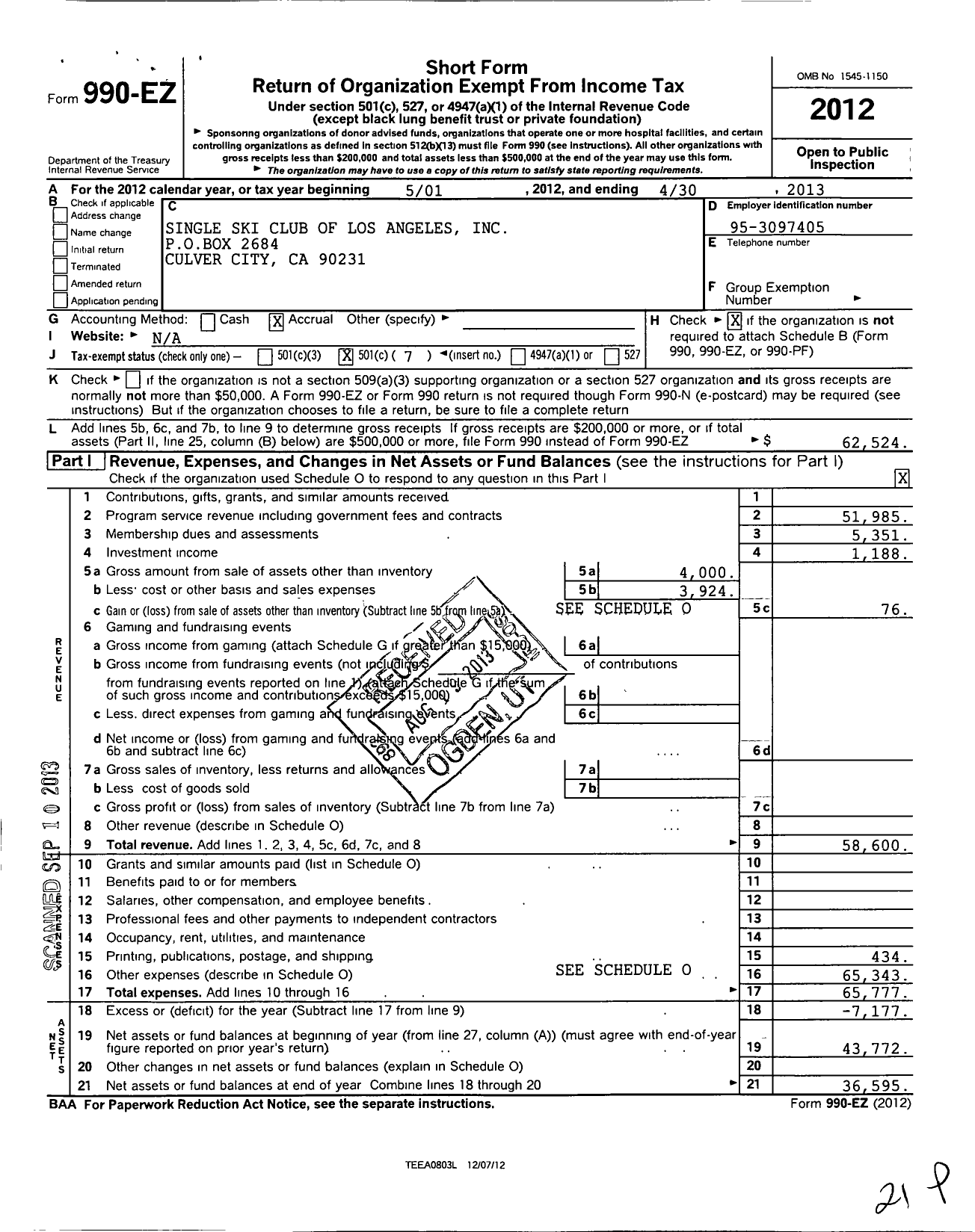 Image of first page of 2012 Form 990EO for Single Ski Club of Los Angeles