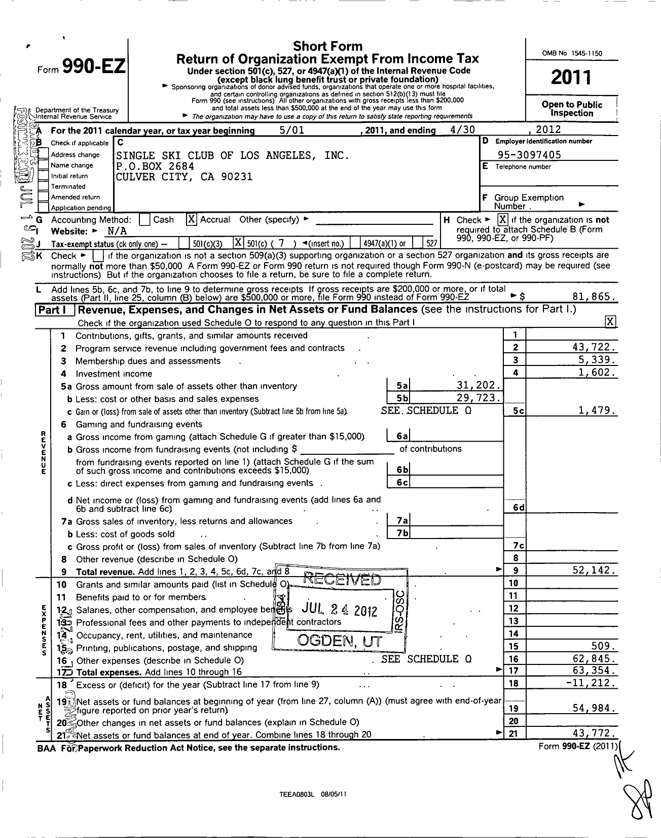 Image of first page of 2011 Form 990EO for Single Ski Club of Los Angeles