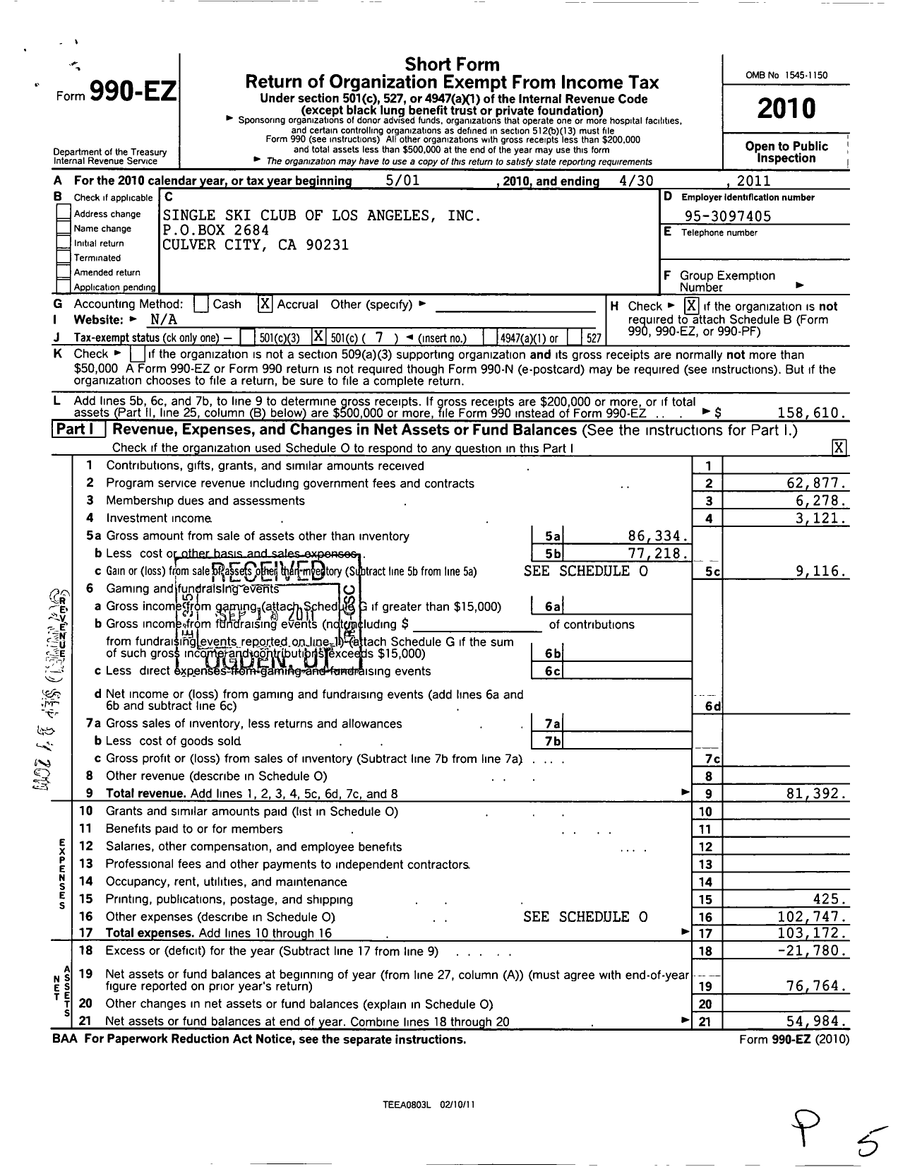 Image of first page of 2010 Form 990EO for Single Ski Club of Los Angeles