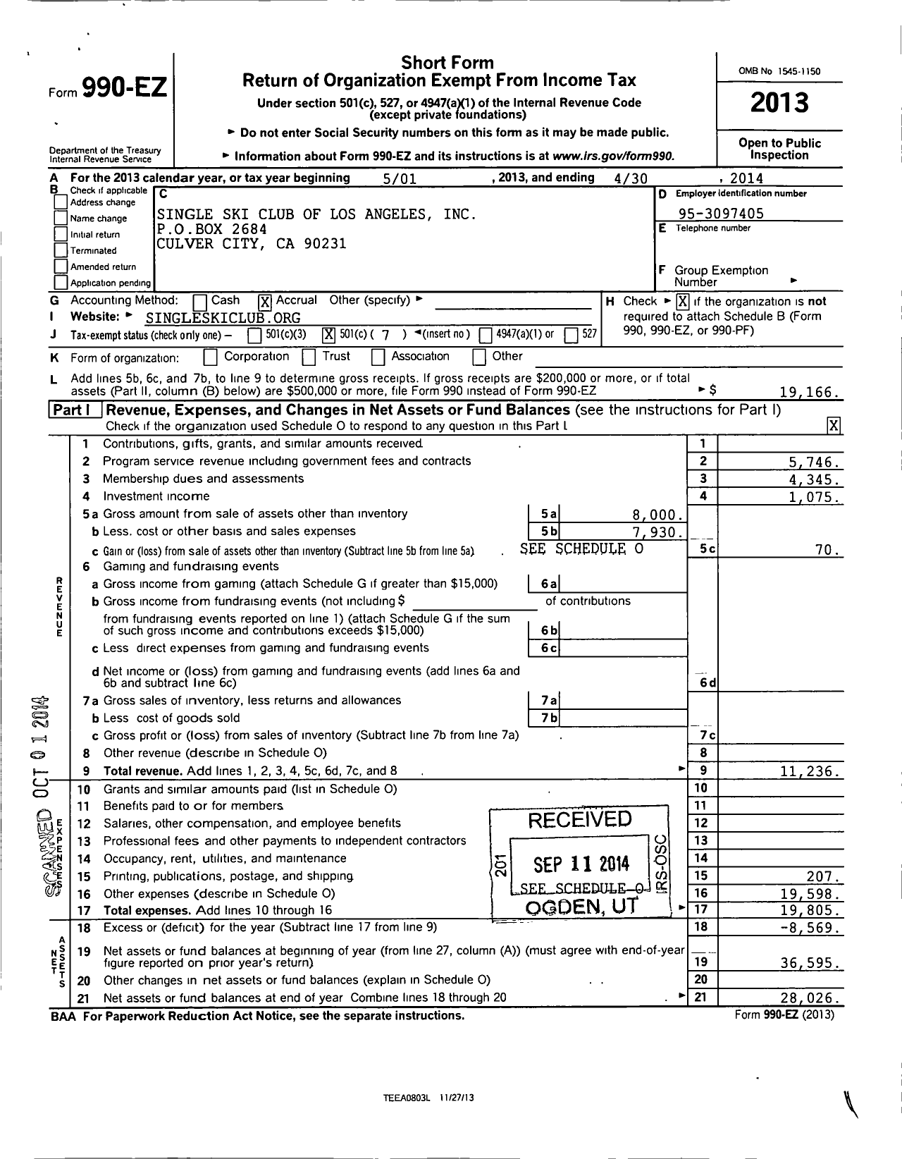 Image of first page of 2013 Form 990EO for Single Ski Club of Los Angeles