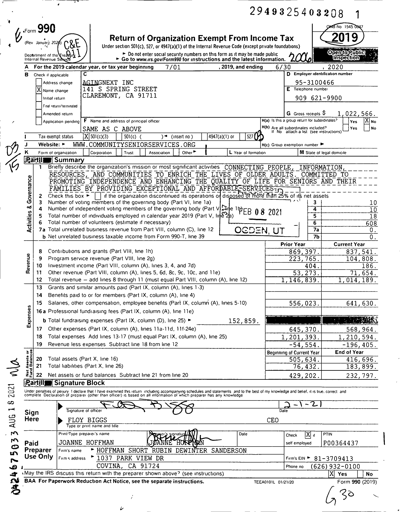 Image of first page of 2019 Form 990 for AgingNext