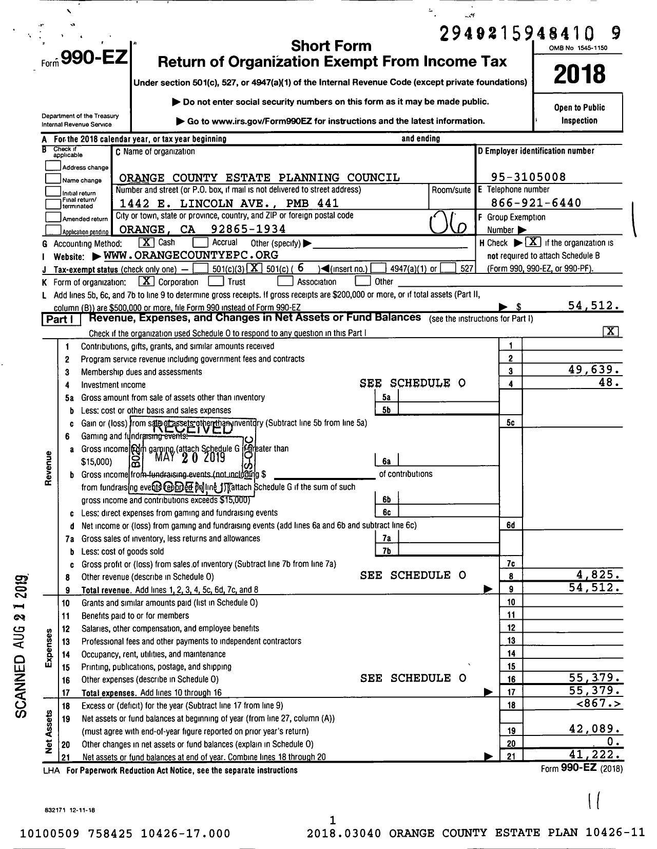 Image of first page of 2018 Form 990EO for Orange County Estate Planning Council