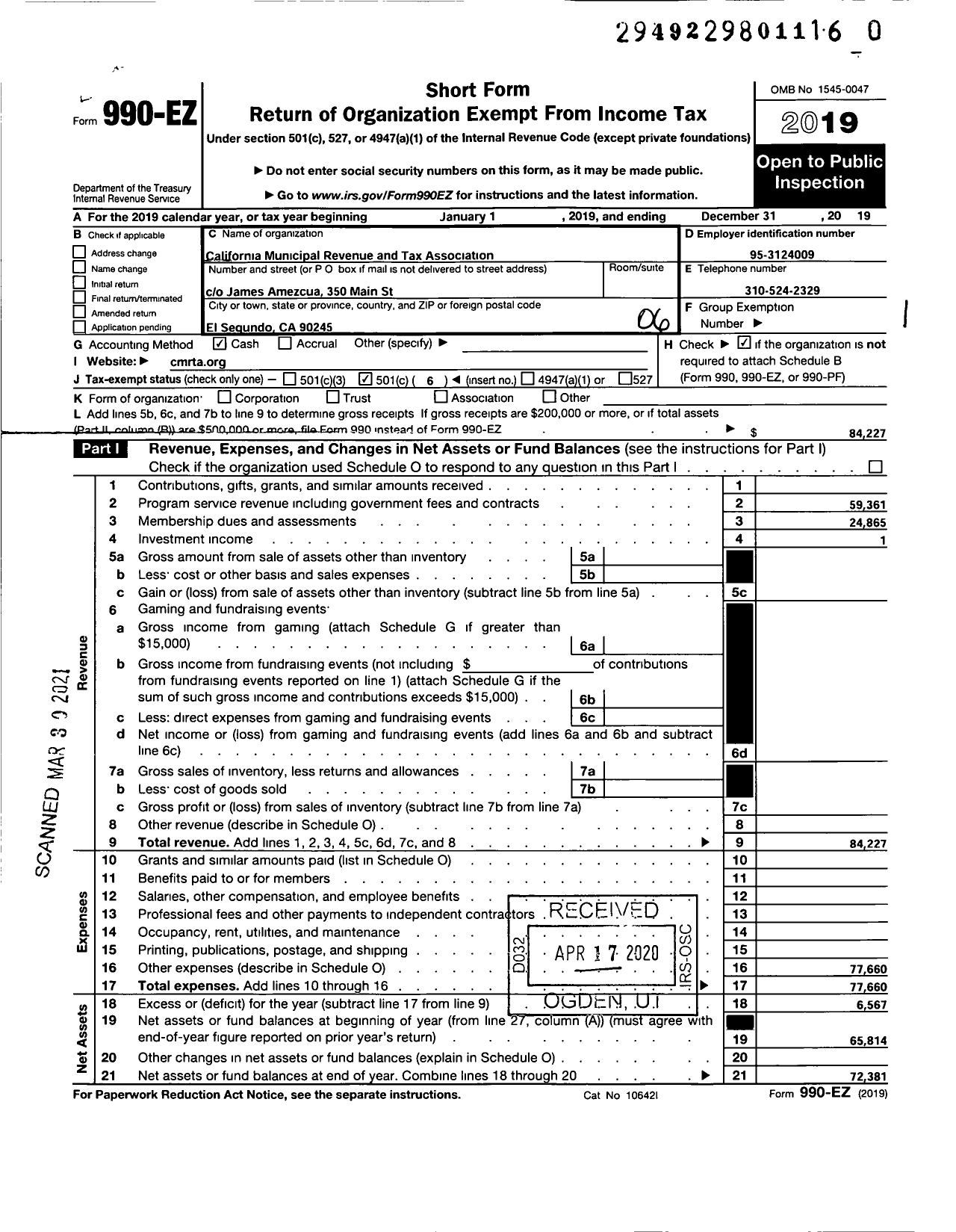 Image of first page of 2019 Form 990EO for California Municipal Revenue and Tax Association