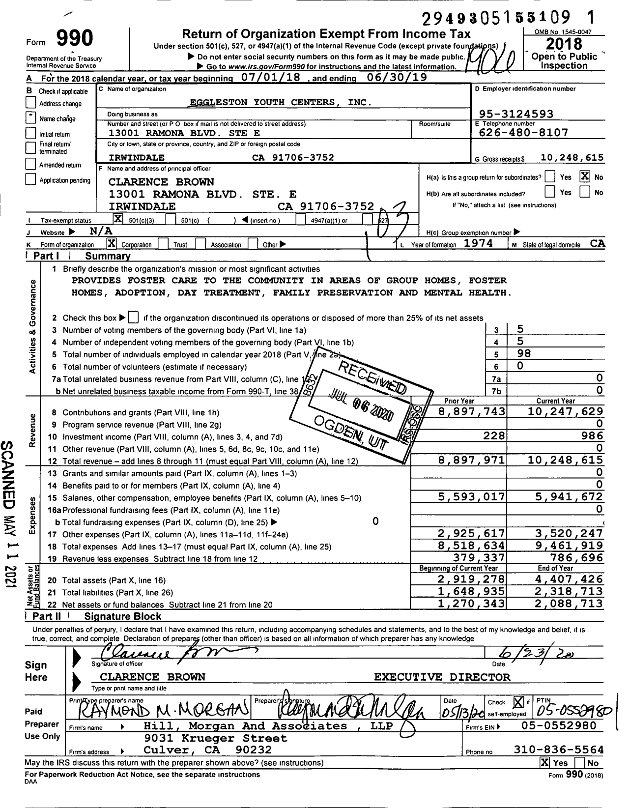 Image of first page of 2018 Form 990 for Eggleston Youth Centers (EYC)