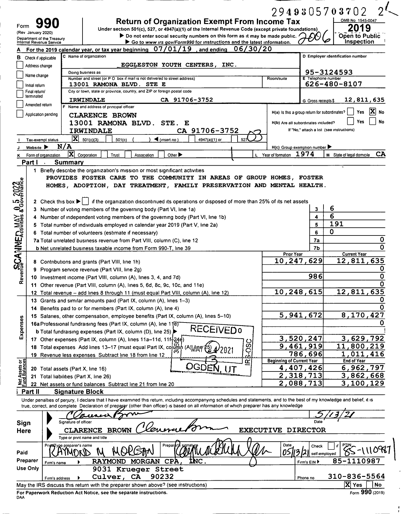 Image of first page of 2019 Form 990 for Eggleston Youth Centers (EYC)