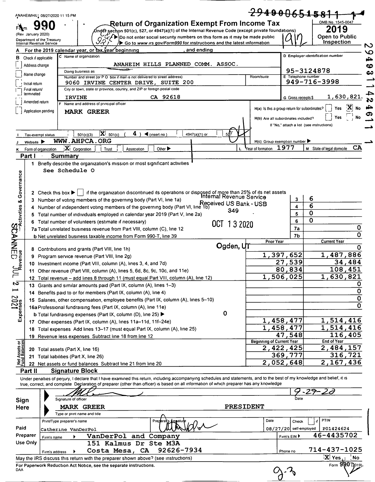 Image of first page of 2019 Form 990O for Anaheim Hills Planned Comm Association