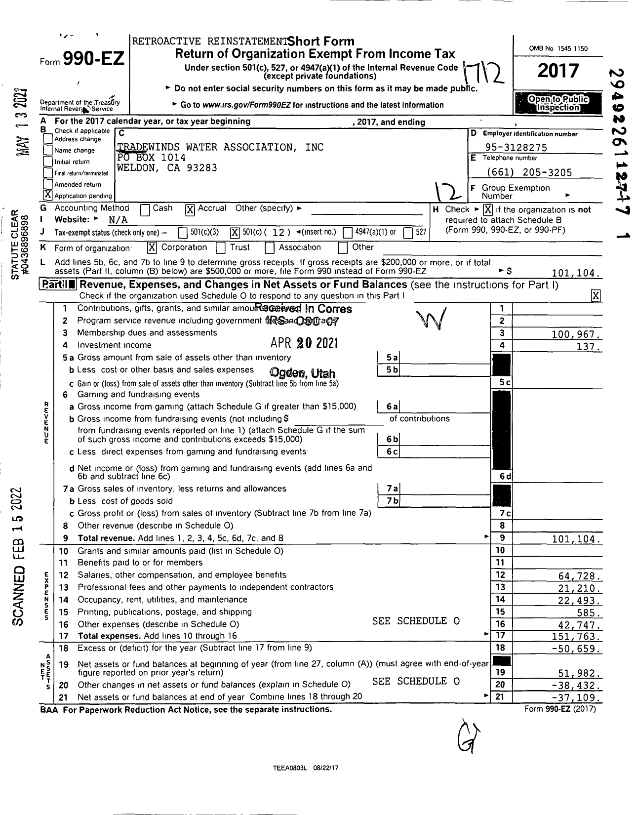 Image of first page of 2017 Form 990EO for Tradewinds Water Association