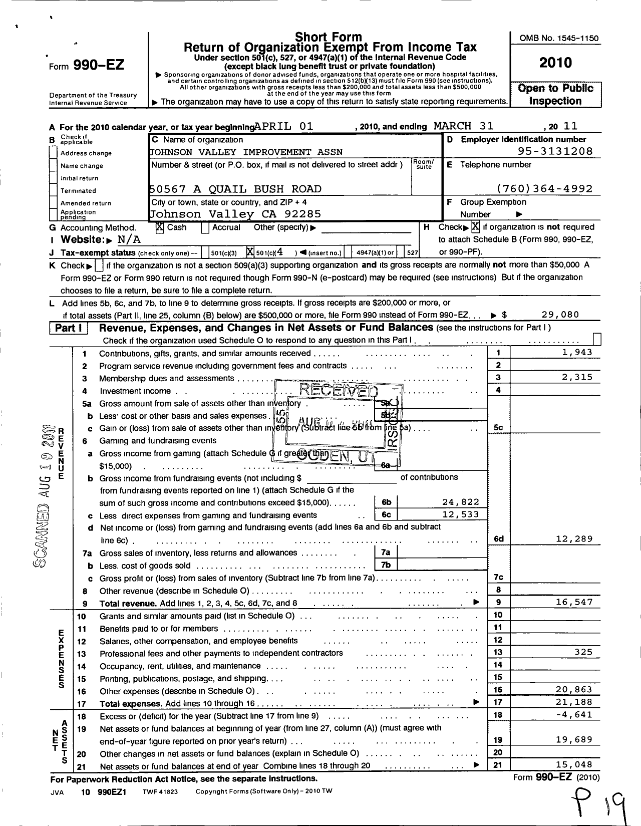 Image of first page of 2010 Form 990EO for Johnson Valley Improvement Association Incorporated