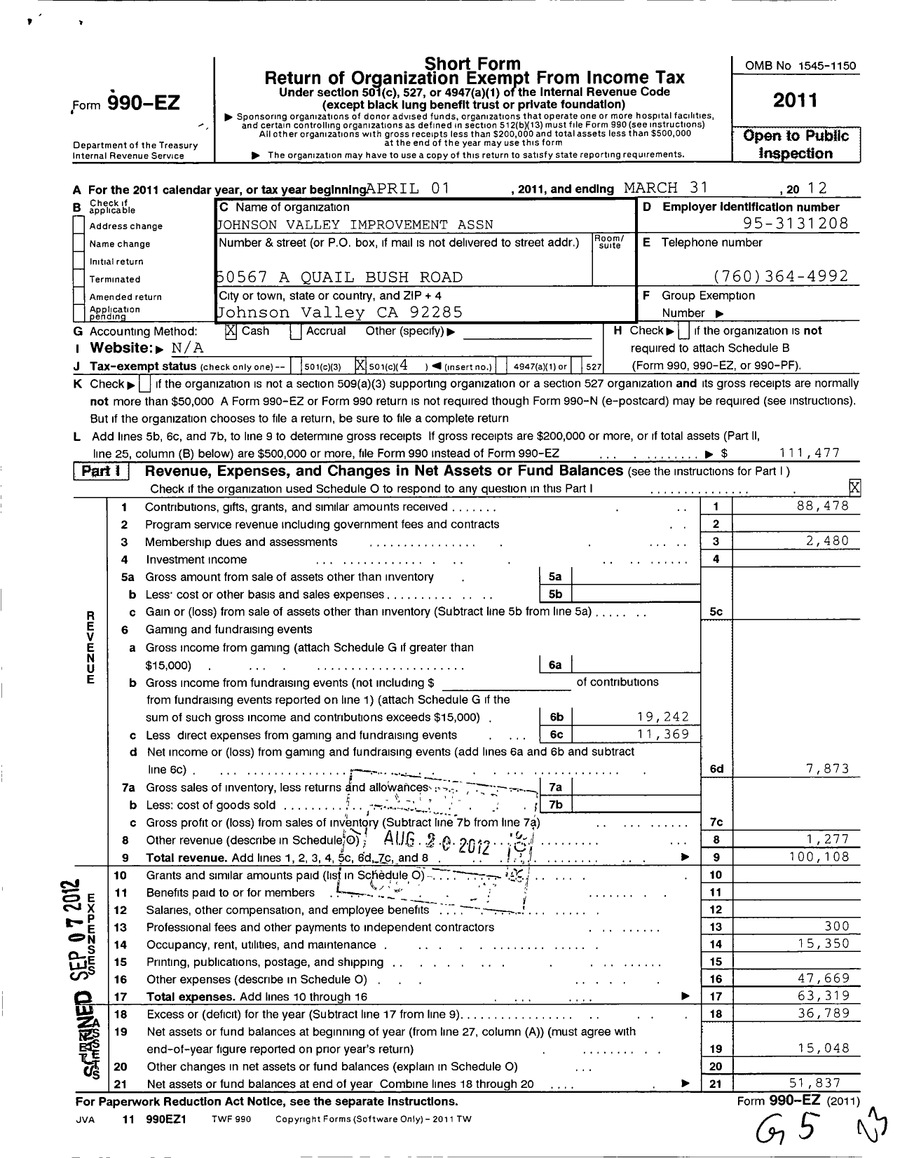 Image of first page of 2011 Form 990EO for Johnson Valley Improvement Association Incorporated