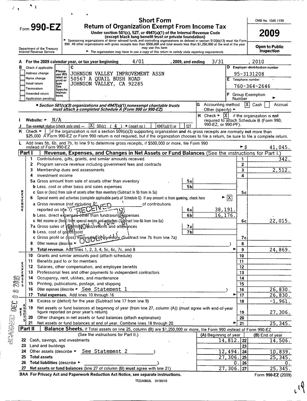 Image of first page of 2009 Form 990EO for Johnson Valley Improvement Association Incorporated