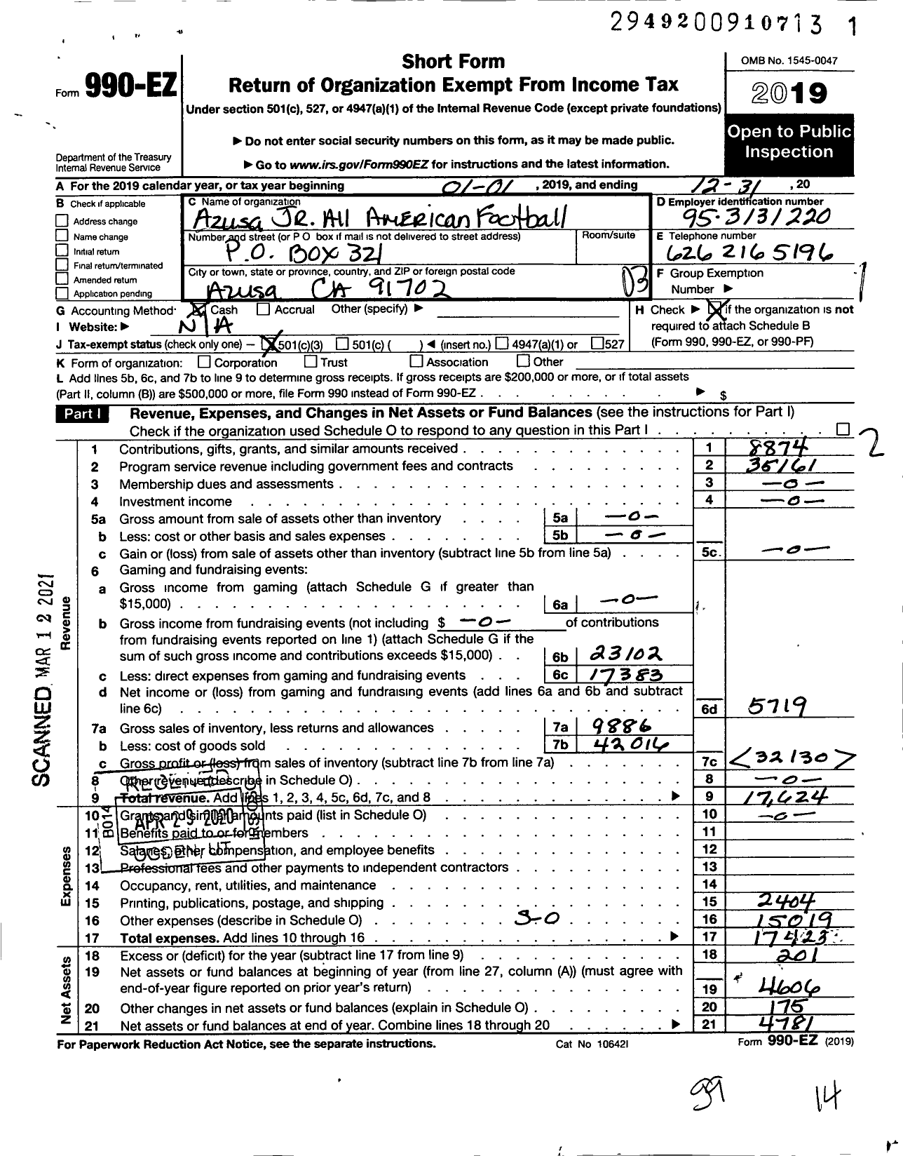 Image of first page of 2019 Form 990EZ for Azusa JR All American Football Corporation