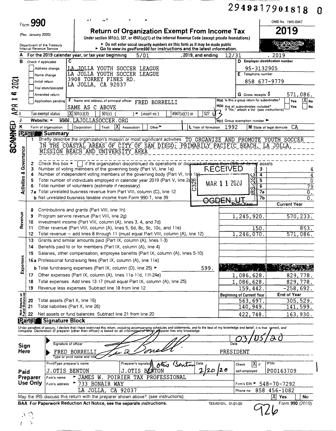 Image of first page of 2019 Form 990 for La Jolla Youth SOCCER League