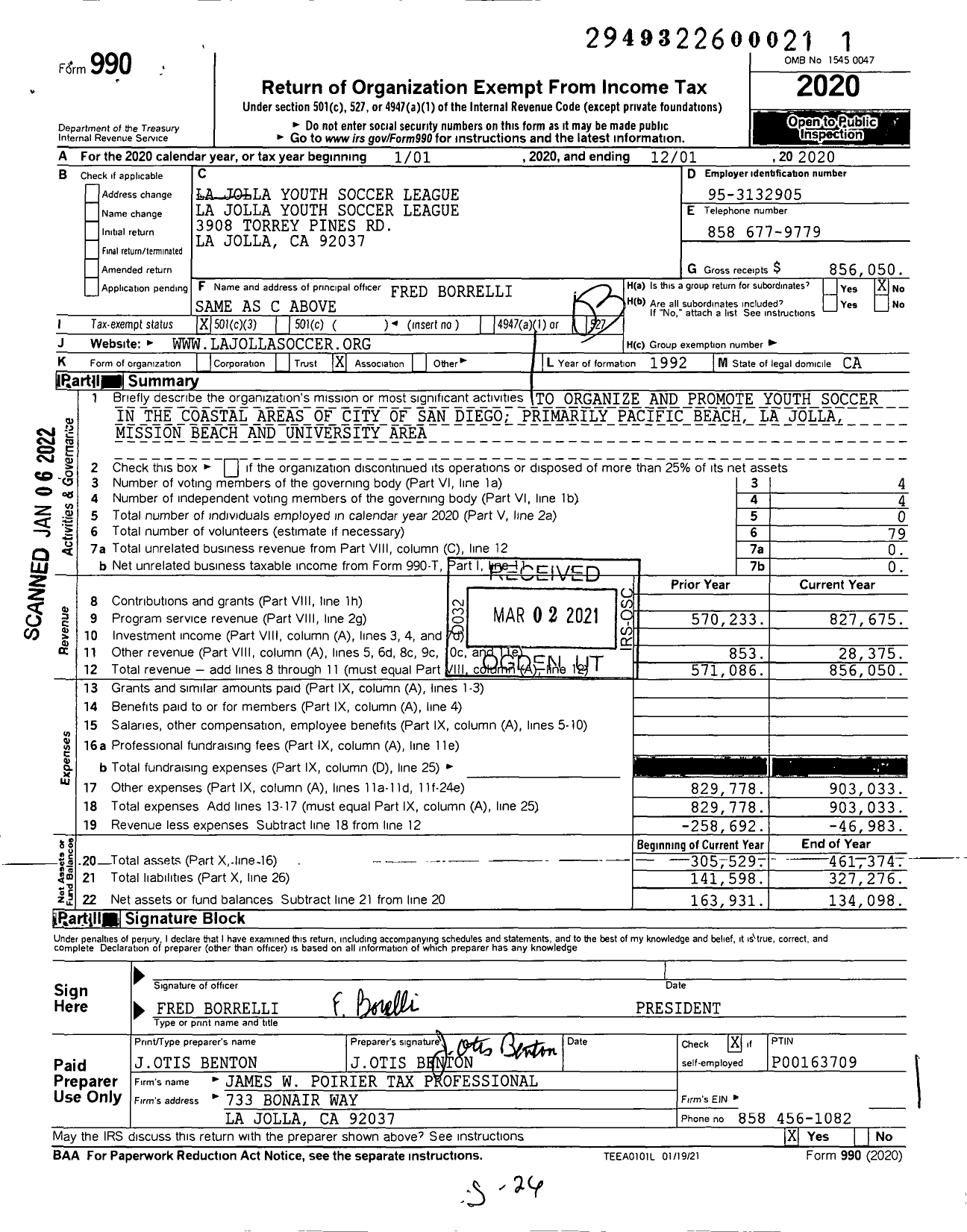Image of first page of 2020 Form 990 for La Jolla Youth SOCCER League