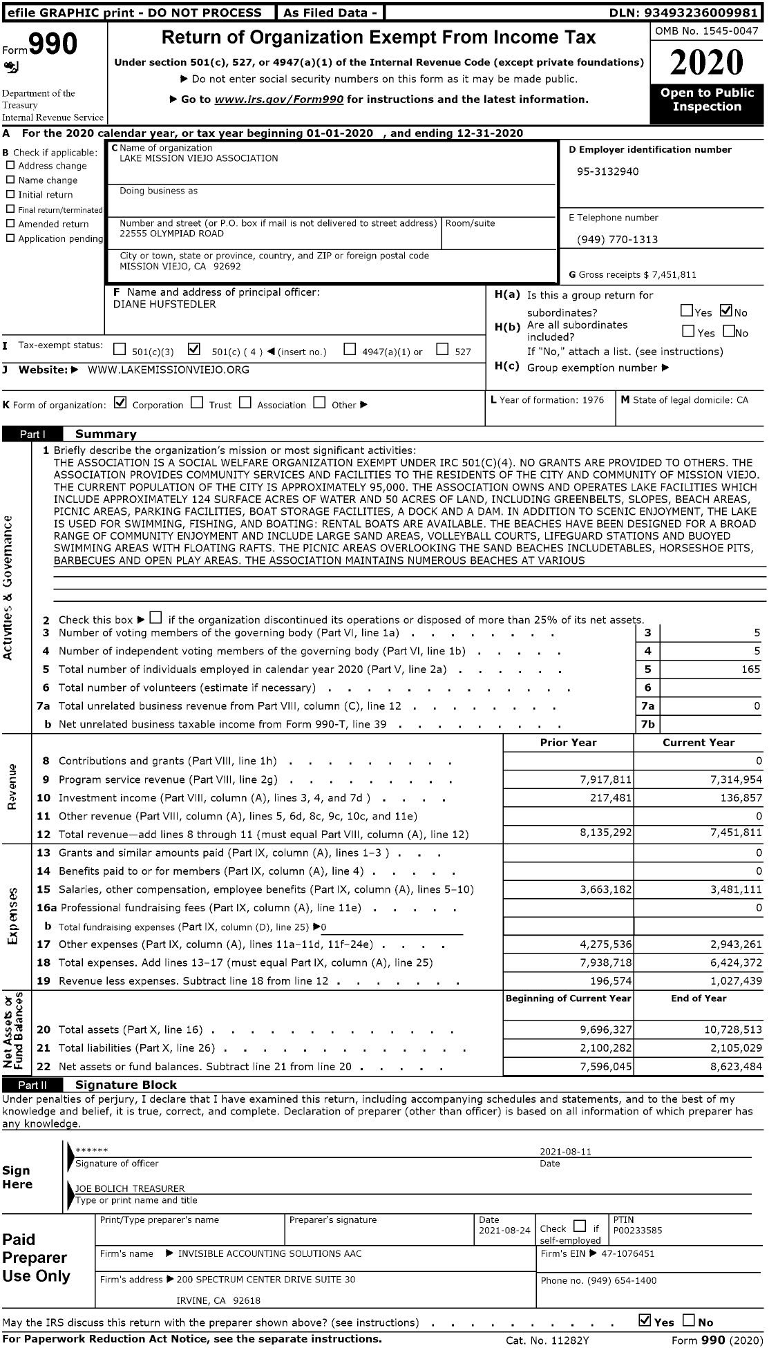 Image of first page of 2020 Form 990O for Lake Mission Viejo Association