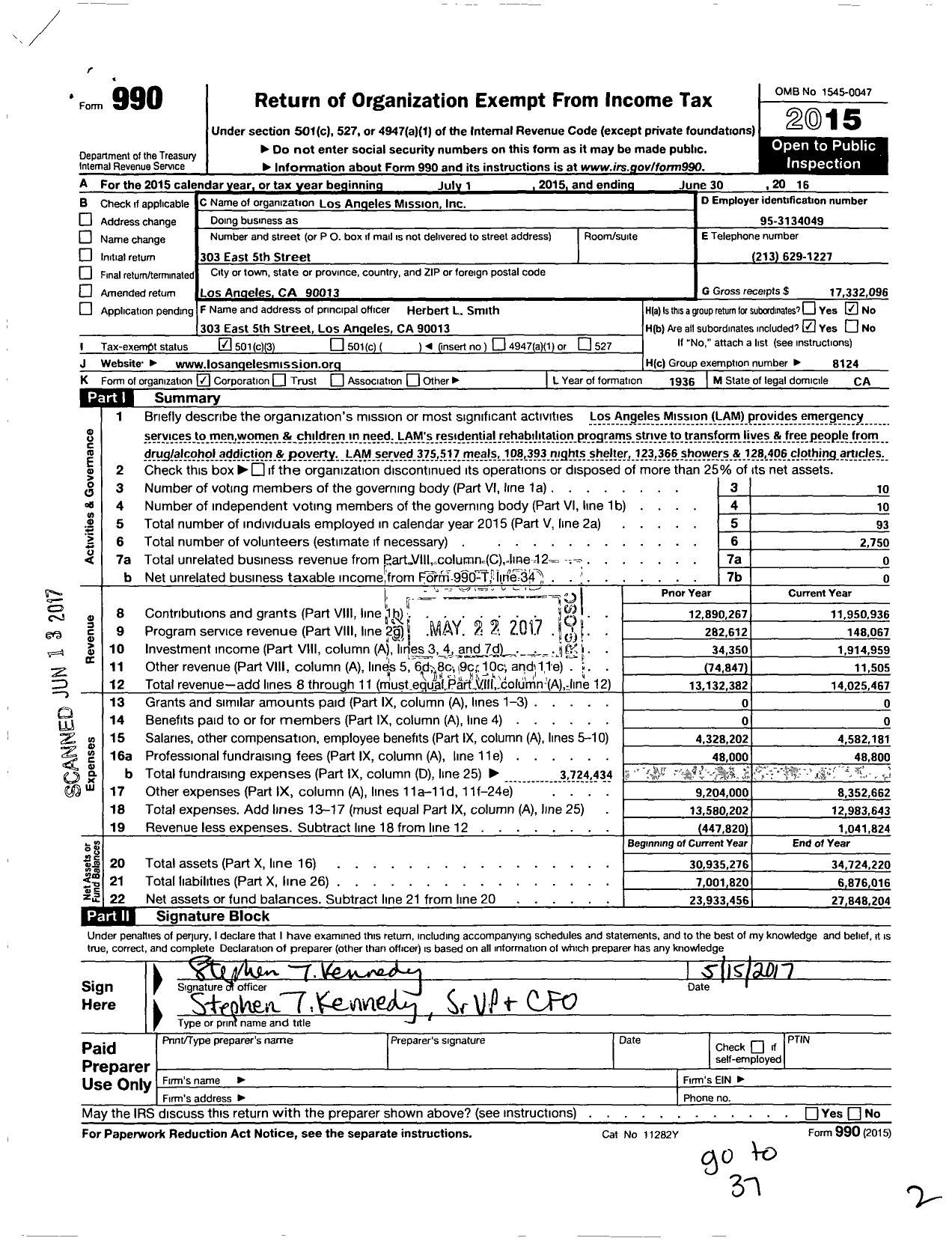 Image of first page of 2015 Form 990 for Los Angeles Mission