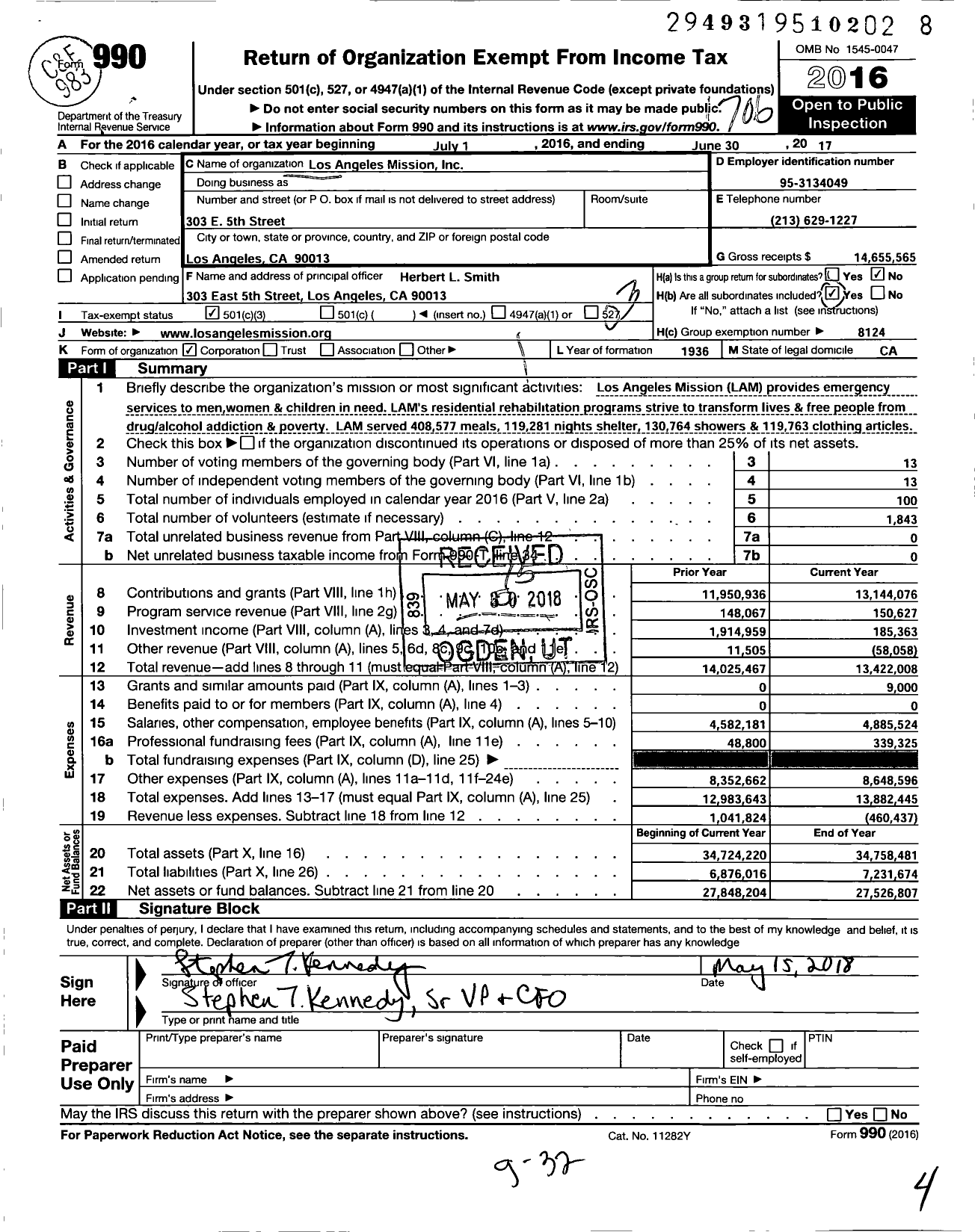 Image of first page of 2016 Form 990 for Los Angeles Mission