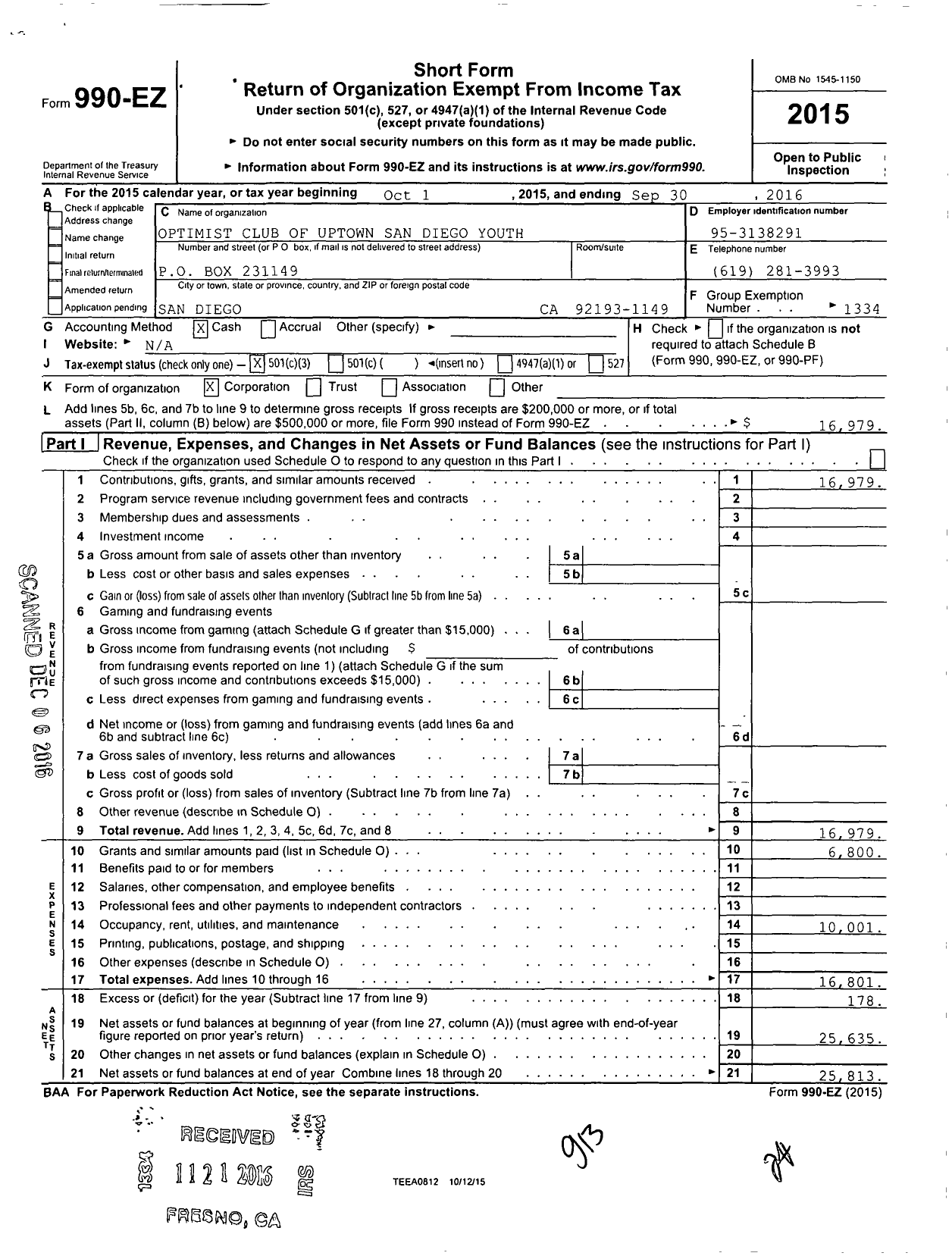 Image of first page of 2015 Form 990EZ for Optimist Club of Uptown San Diego Youth