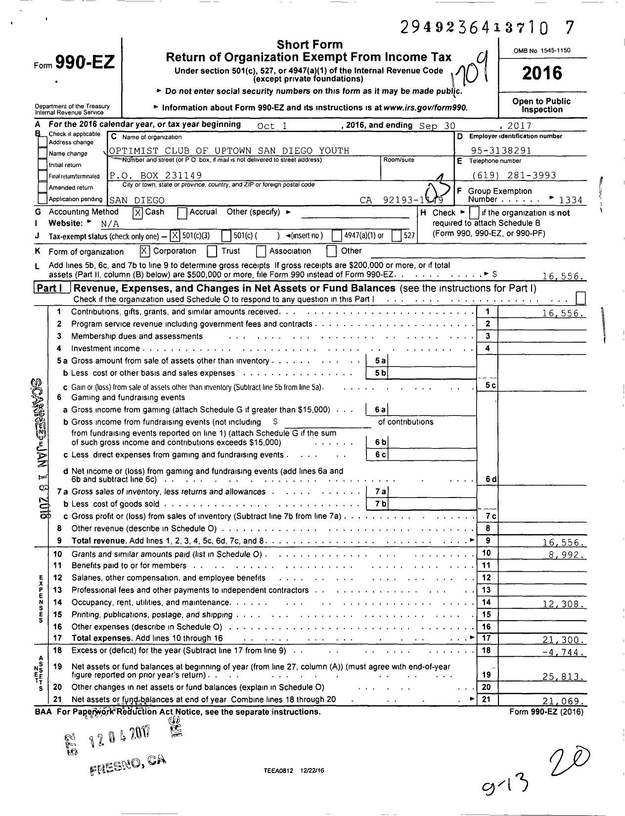 Image of first page of 2016 Form 990EZ for Optimist Club of Uptown San Diego Youth