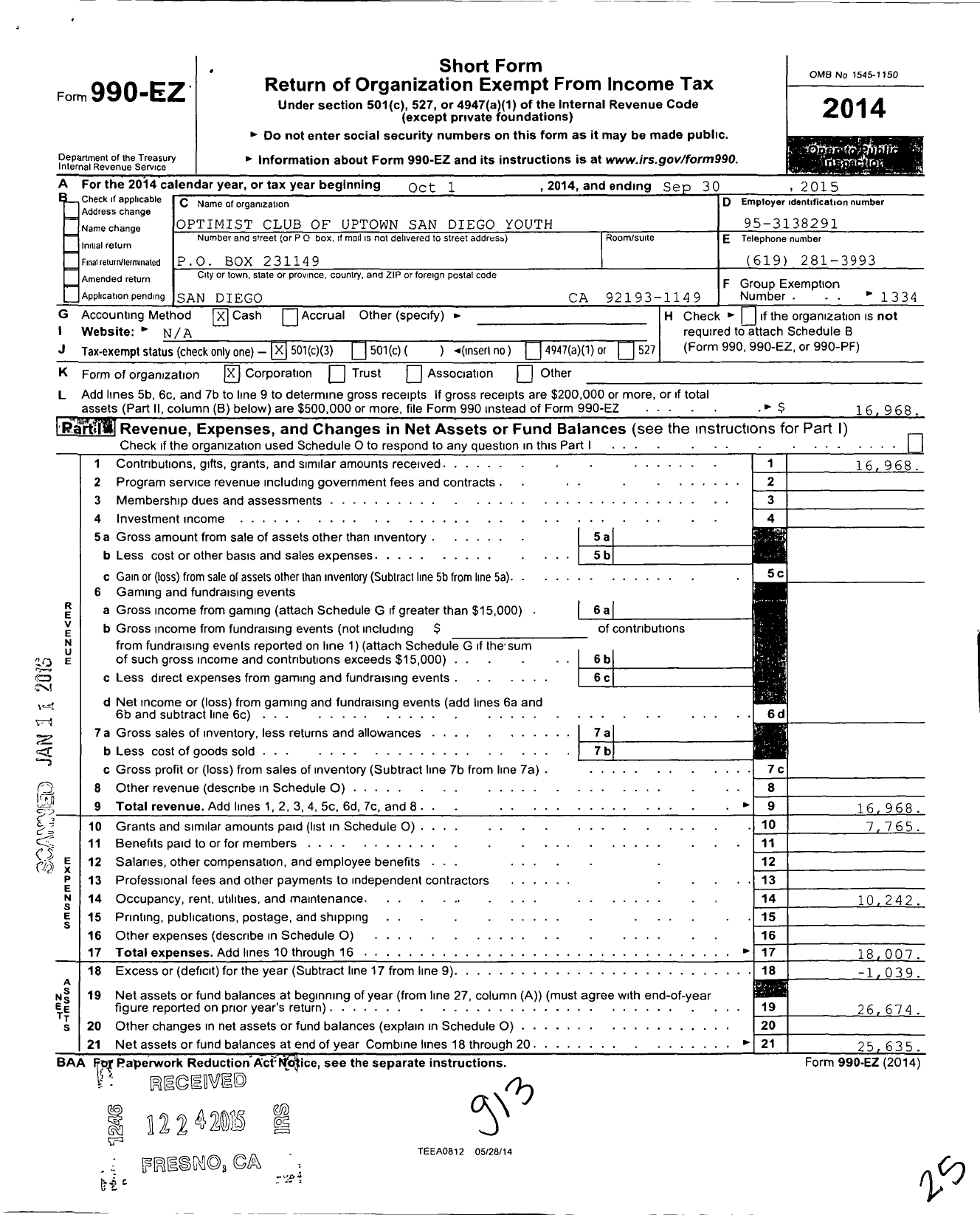 Image of first page of 2014 Form 990EZ for Optimist Club of Uptown San Diego Youth