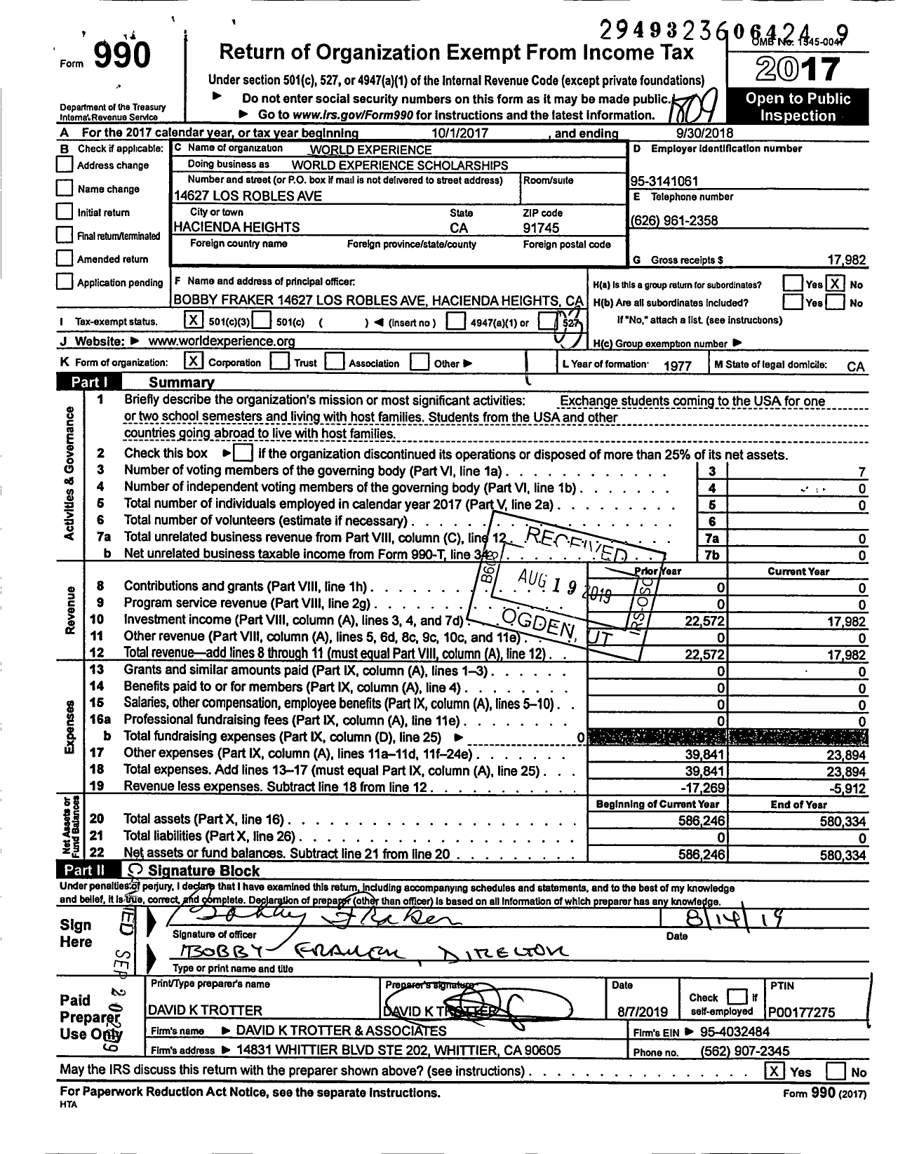 Image of first page of 2017 Form 990 for World Experience Scholarships