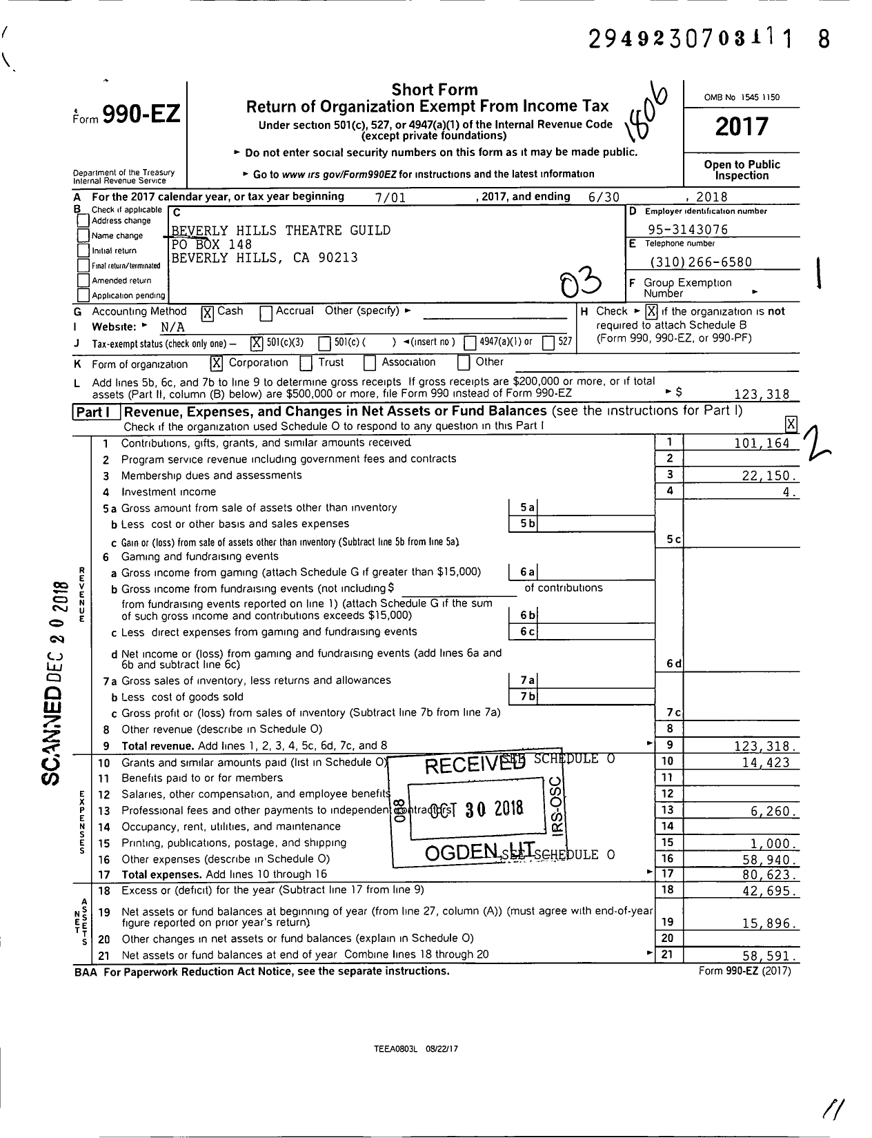 Image of first page of 2017 Form 990EZ for Beverly Hills Theatre Guild