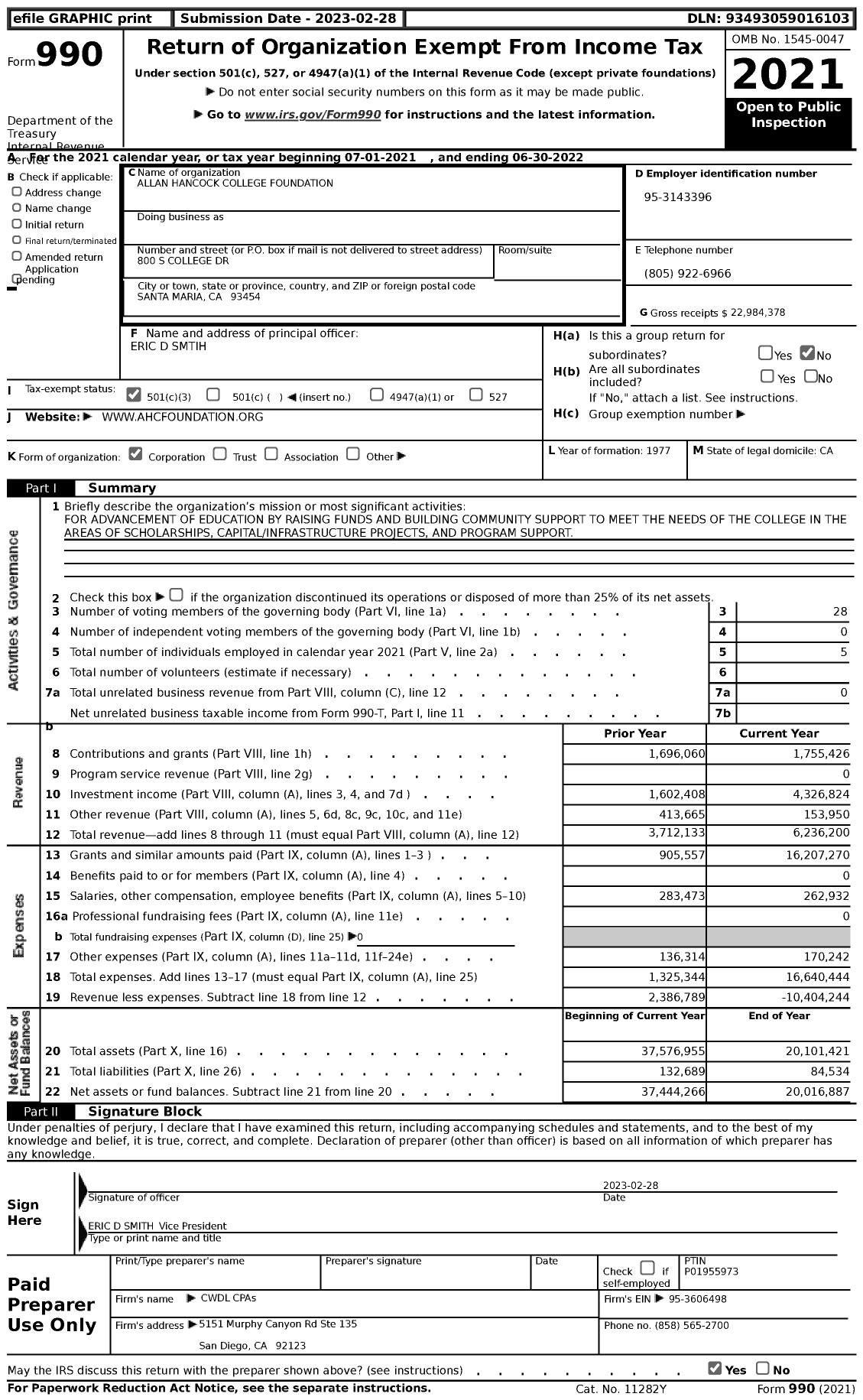 Image of first page of 2021 Form 990 for Allan Hancock College Foundation