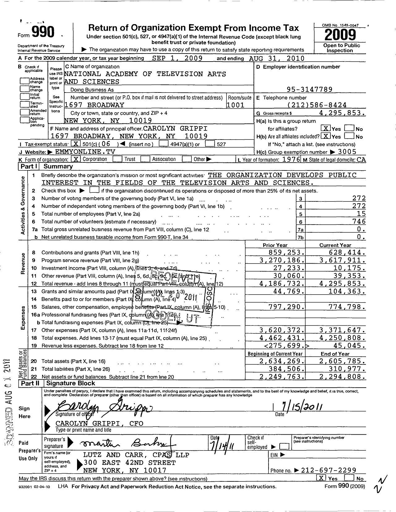 Image of first page of 2009 Form 990O for National Academy of Television Arts and Sciences National Chesapeake Bay Chapter