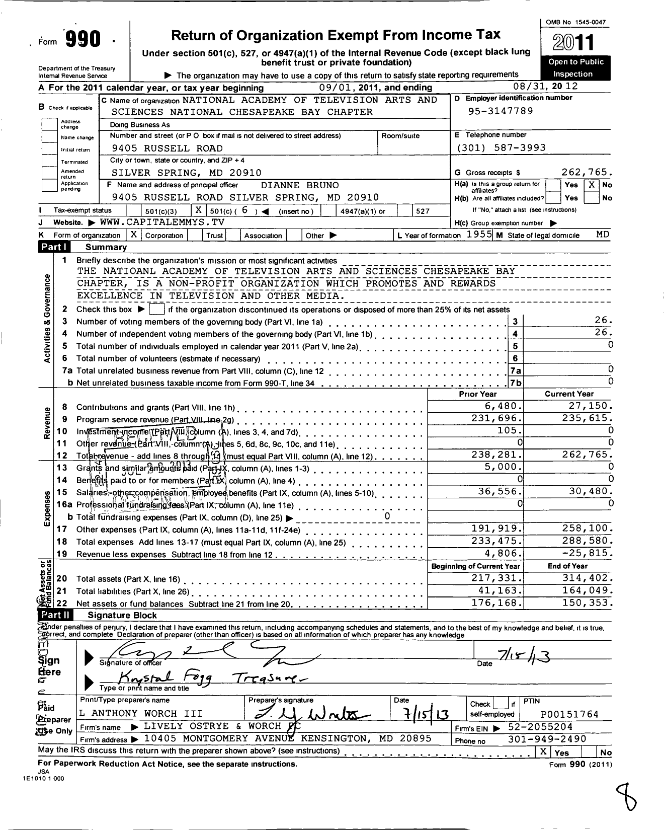 Image of first page of 2011 Form 990O for National Academy of Television Arts and Sciences National Chesapeake Bay Chapter