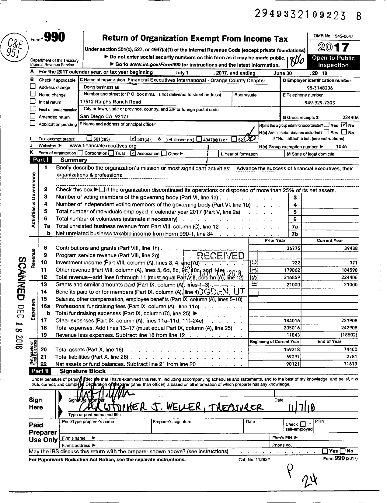 Image of first page of 2017 Form 990O for Financial Executives International - Orange County Chapter