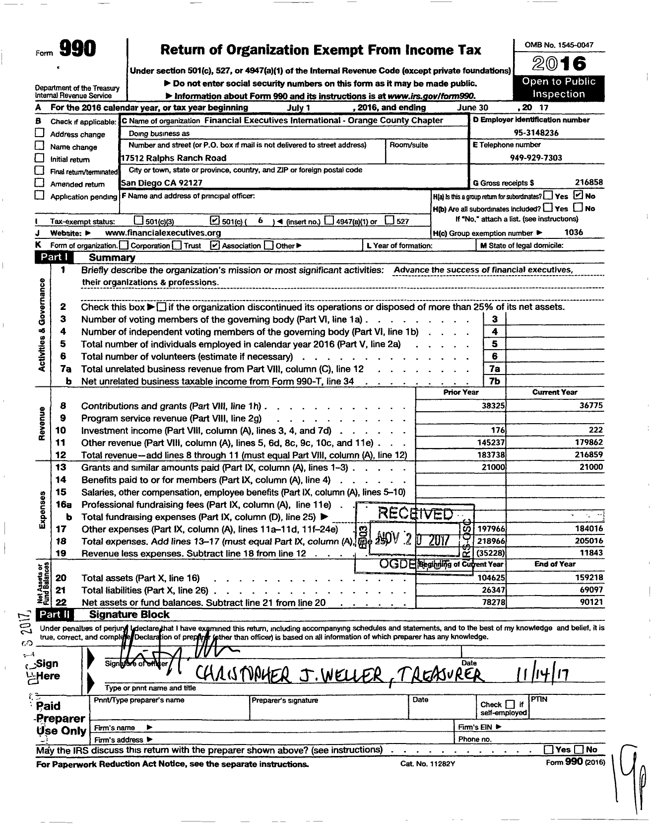 Image of first page of 2016 Form 990O for Financial Executives International - Orange County Chapter