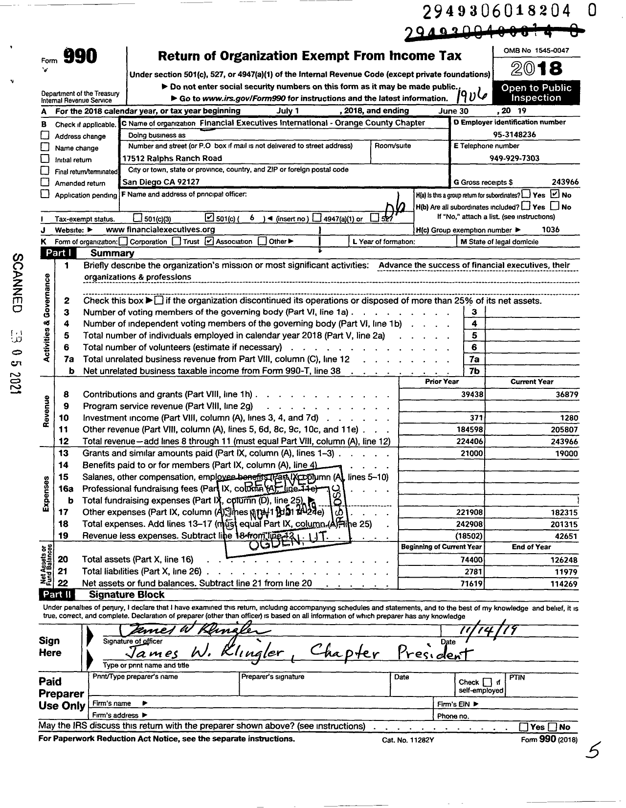 Image of first page of 2018 Form 990O for Financial Executives International - Orange County Chapter