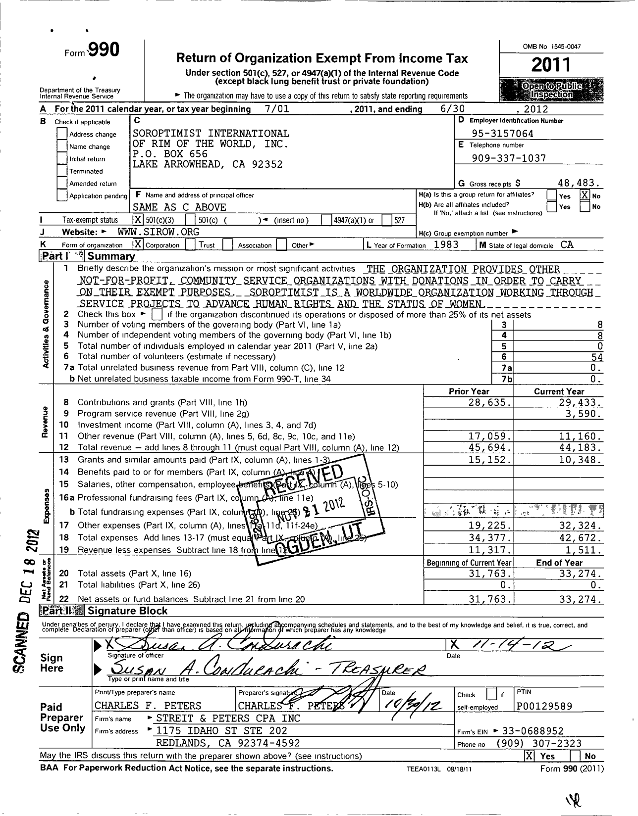 Image of first page of 2011 Form 990 for Soroptimist International of the Americas - 114337 Rim of the World Ca