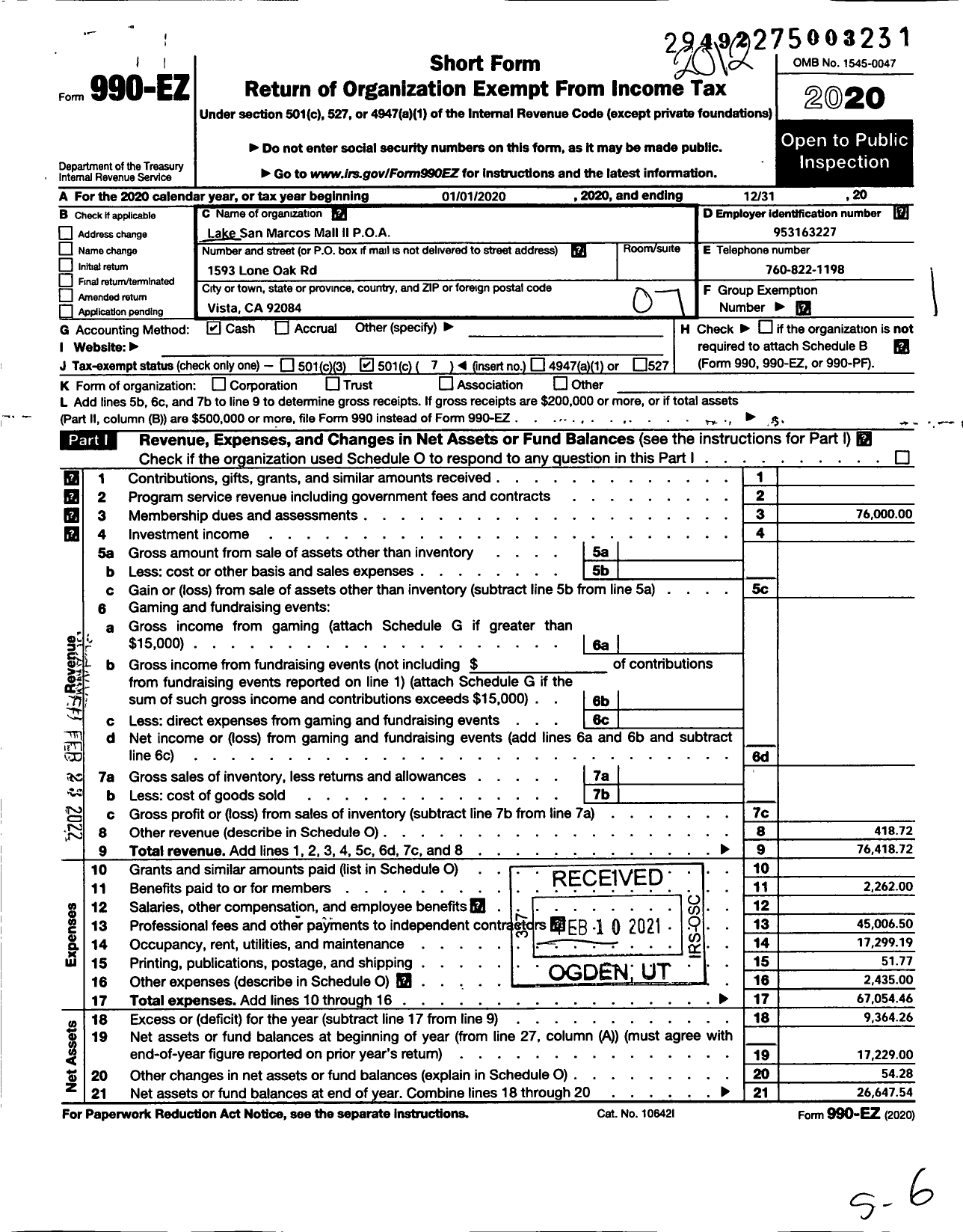 Image of first page of 2020 Form 990EO for Lake San Marcos Mall II Property Owners Association