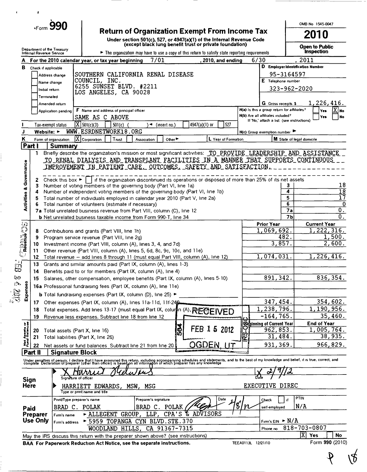 Image of first page of 2010 Form 990 for Southern California Renal Disease Council