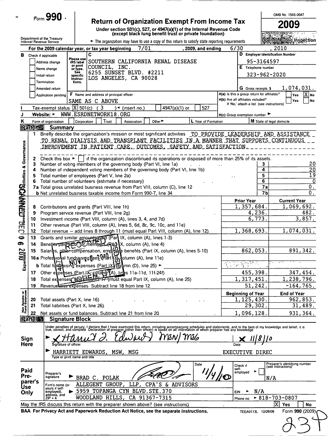 Image of first page of 2009 Form 990 for Southern California Renal Disease Council