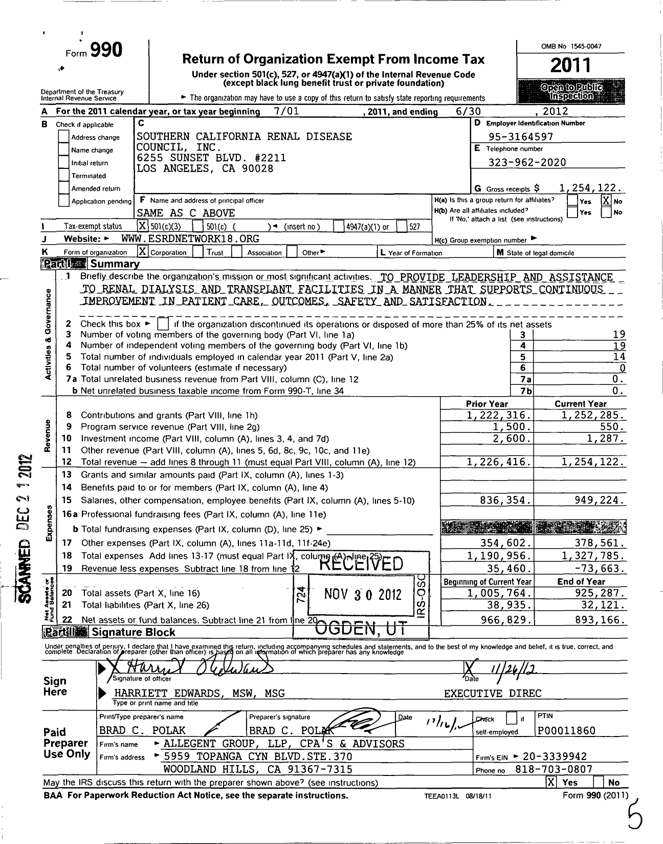 Image of first page of 2011 Form 990 for Southern California Renal Disease Council